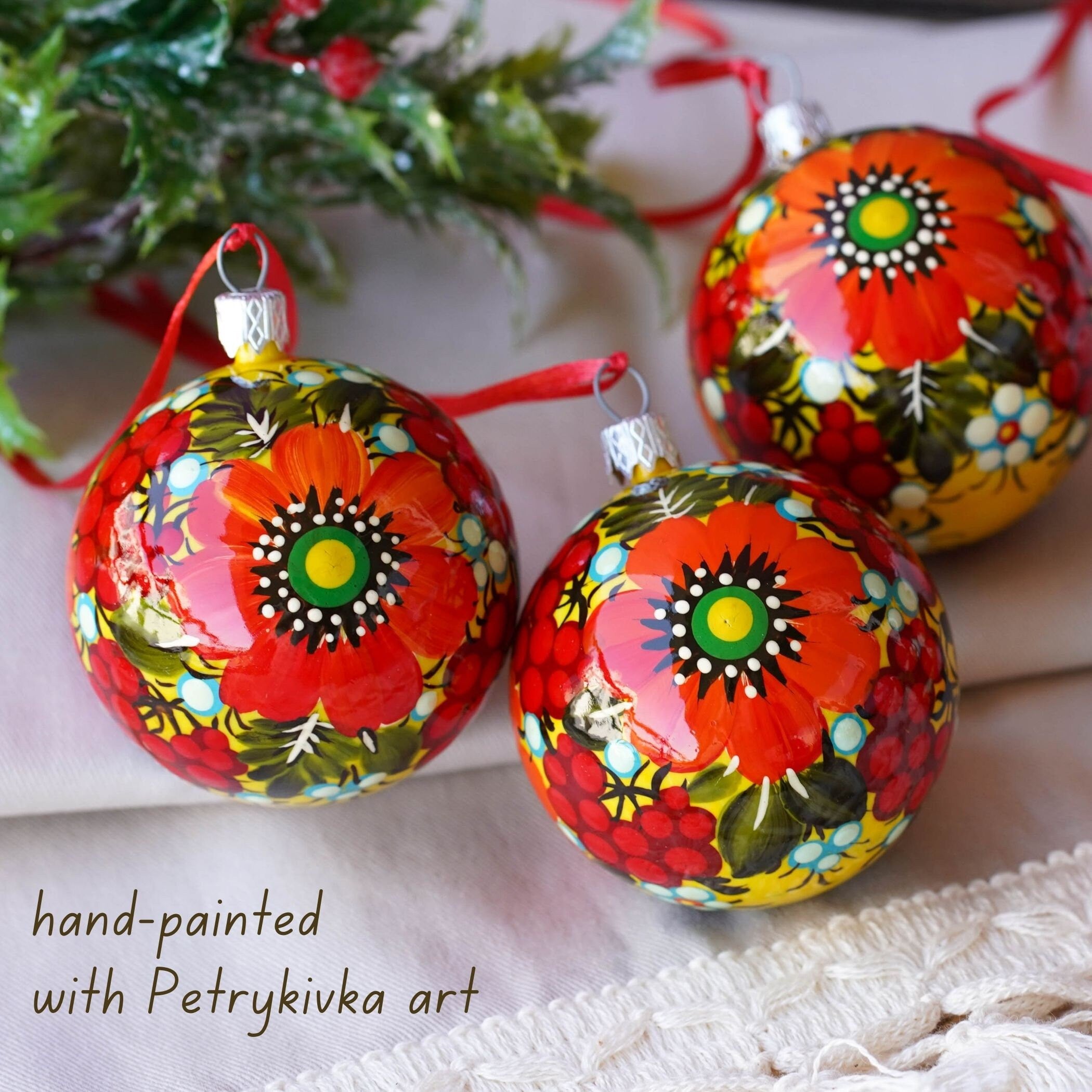 Set of 4 Painted Christmas Ornaments - Handmade Ukrainian Christmas Balls 2.4 in with Petrykivka art, Unique Orange & Red Flower Baubles