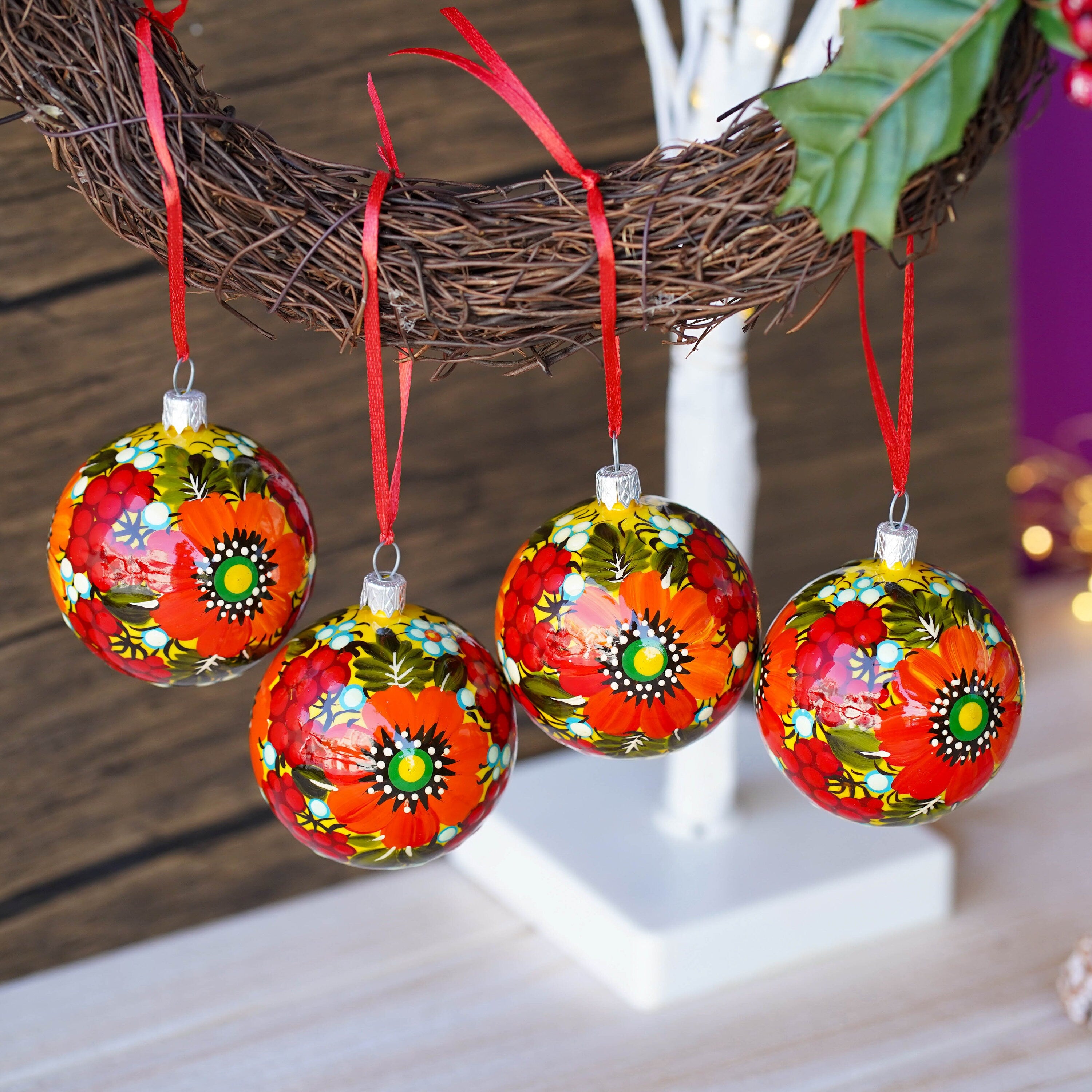 Set of 4 Painted Christmas Ornaments - Handmade Ukrainian Christmas Balls 2.4 in with Petrykivka art, Unique Orange & Red Flower Baubles