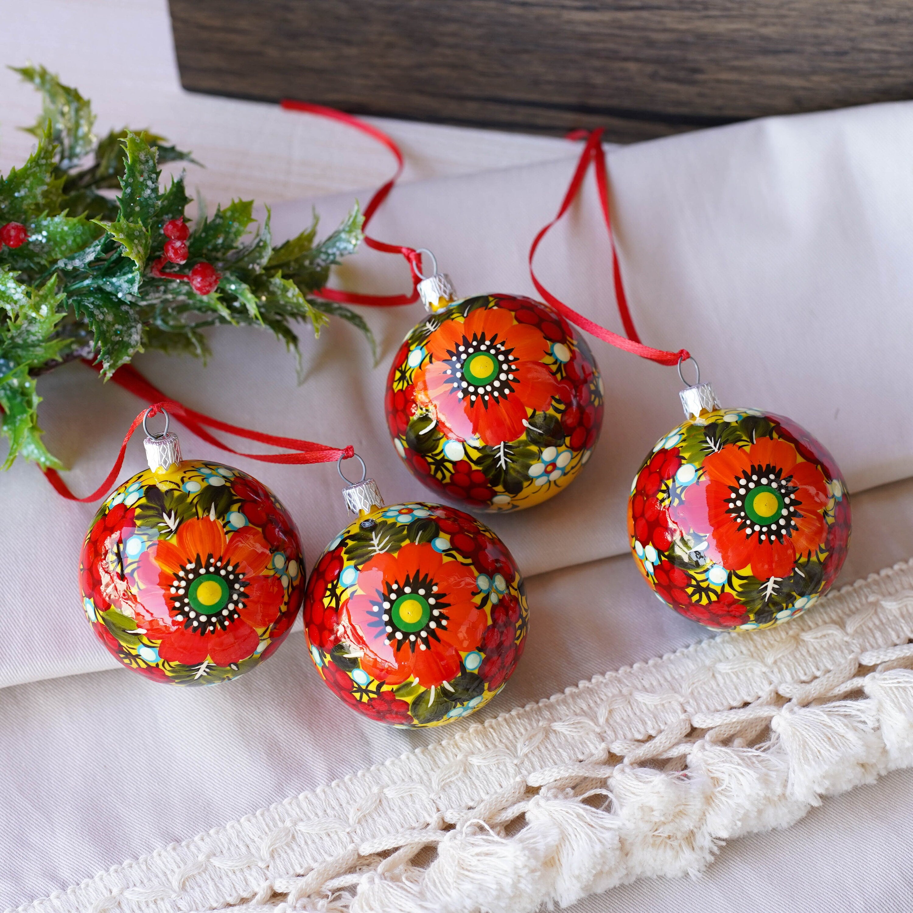 Set of 4 Painted Christmas Ornaments - Handmade Ukrainian Christmas Balls 2.4 in with Petrykivka art, Unique Orange & Red Flower Baubles