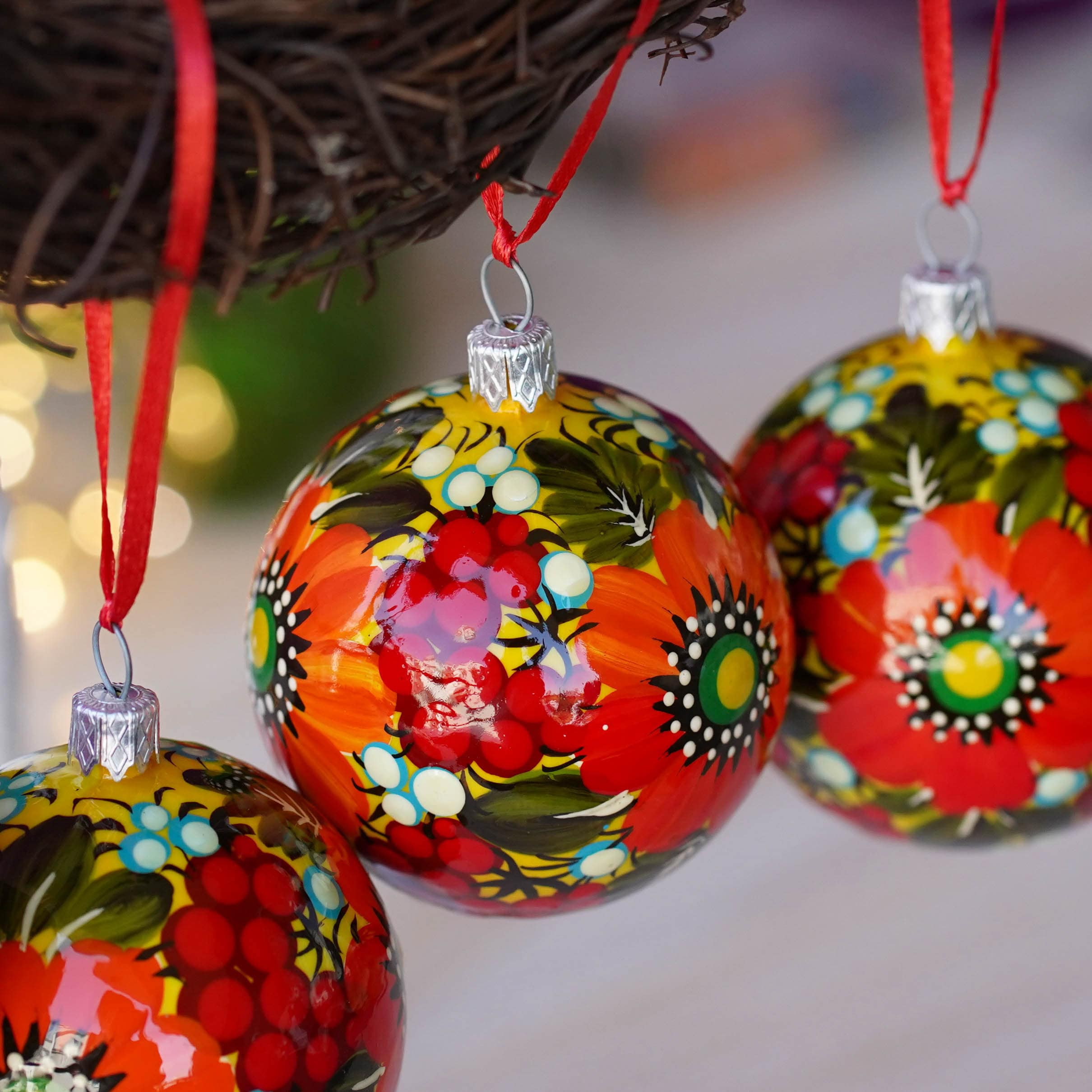 Set of 4 Painted Christmas Ornaments - Handmade Ukrainian Christmas Balls 2.4 in with Petrykivka art, Unique Orange & Red Flower Baubles