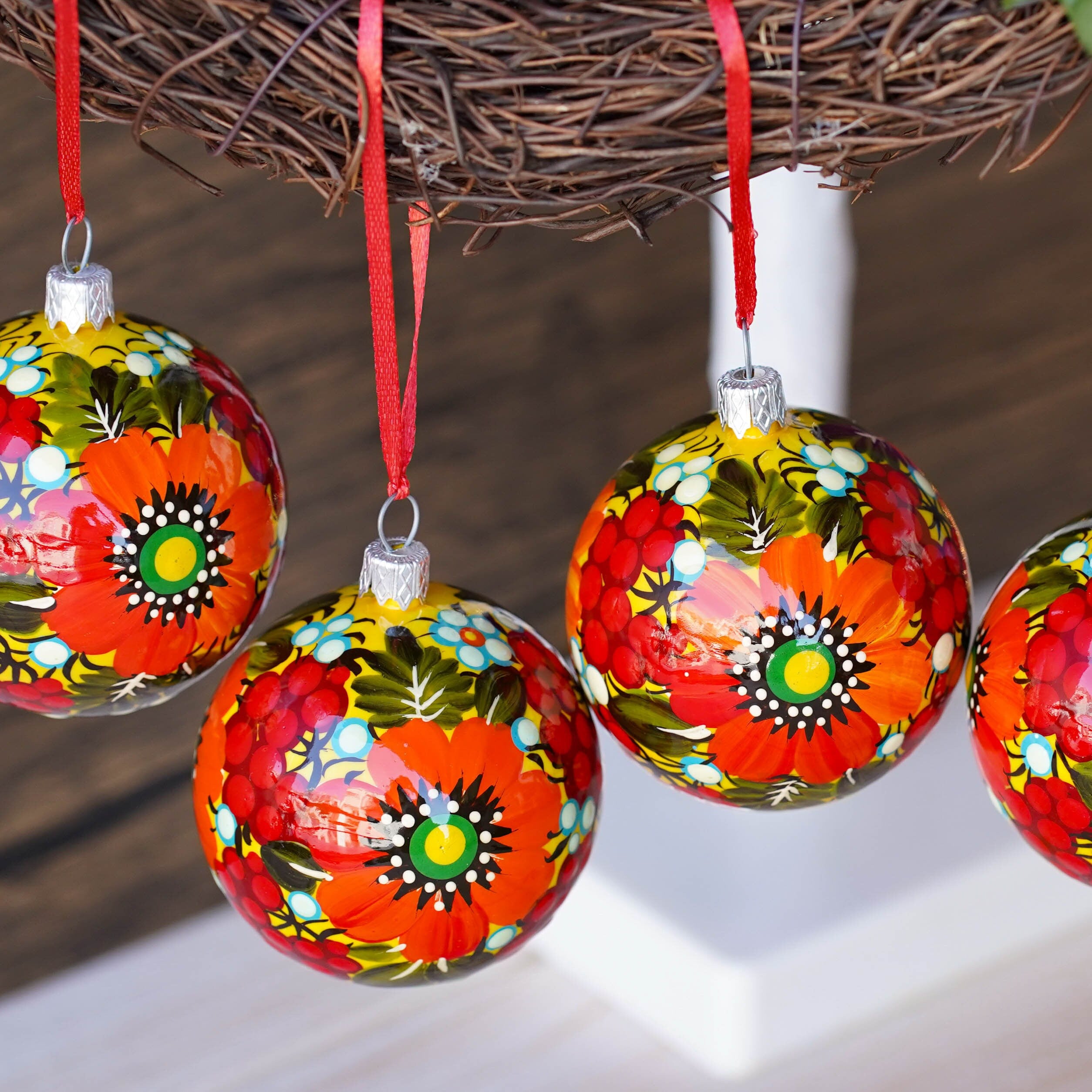 Set of 4 Painted Christmas Ornaments - Handmade Ukrainian Christmas Balls 2.4 in with Petrykivka art, Unique Orange & Red Flower Baubles