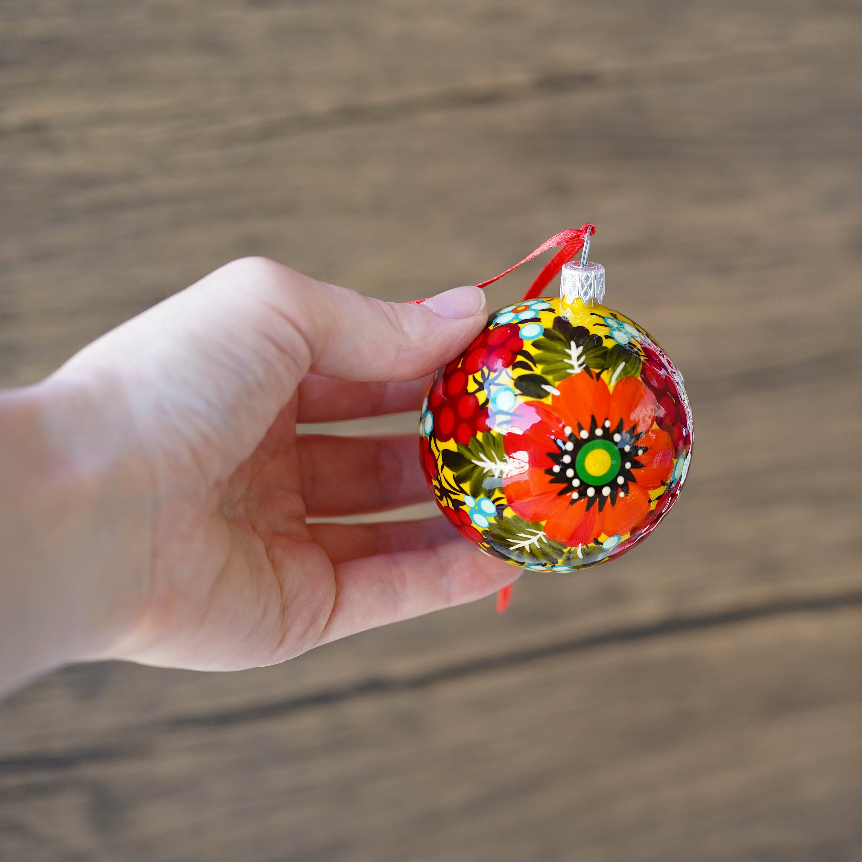 Set of 4 Painted Christmas Ornaments - Handmade Ukrainian Christmas Balls 2.4 in with Petrykivka art, Unique Orange & Red Flower Baubles