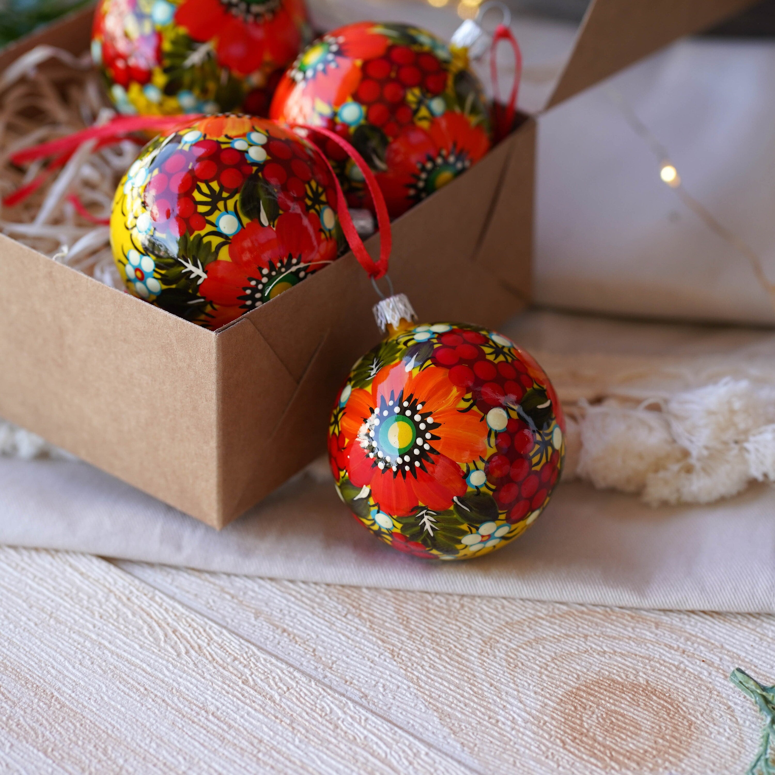 Set of 4 Painted Christmas Ornaments - Handmade Ukrainian Christmas Balls 2.4 in with Petrykivka art, Unique Orange & Red Flower Baubles