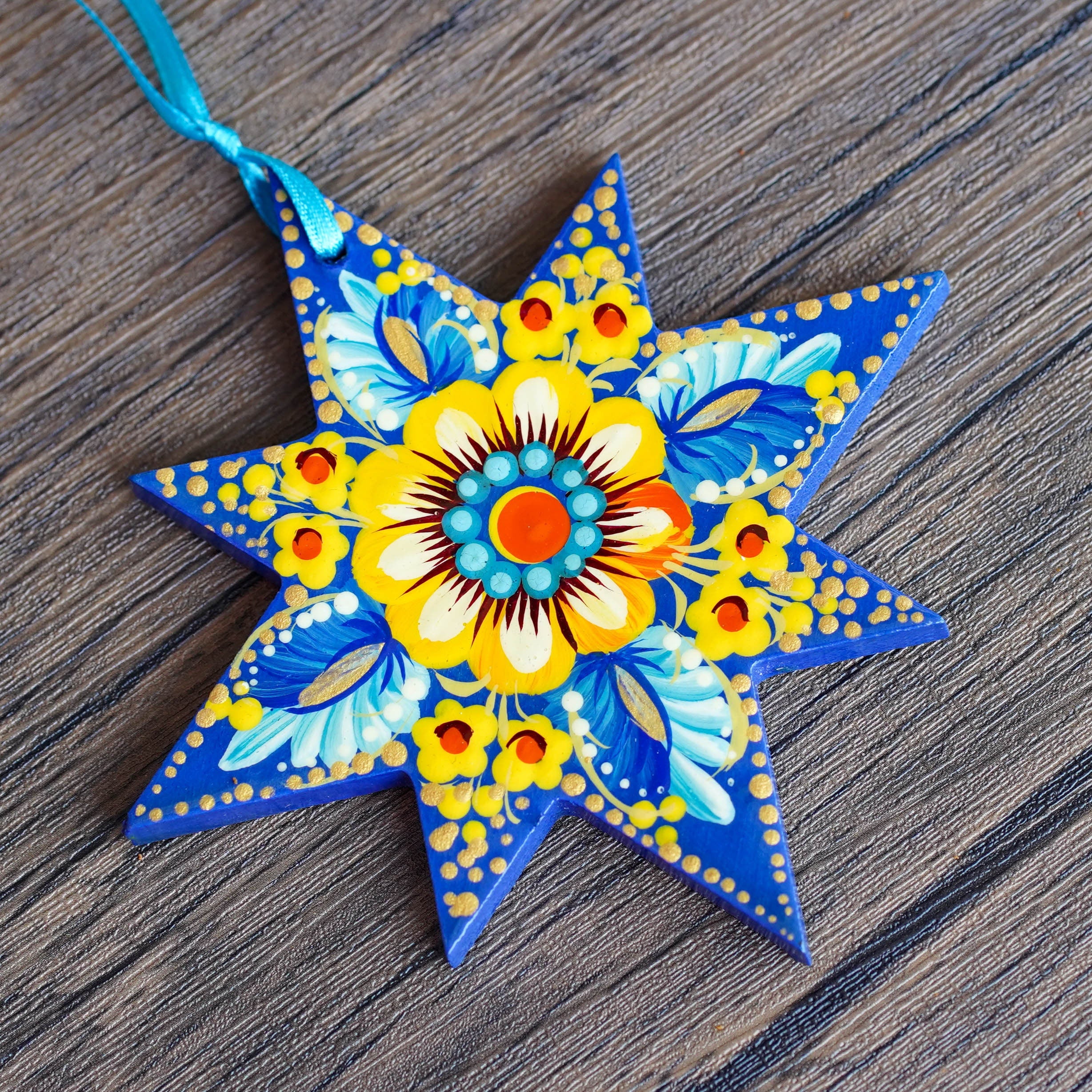 Painted Ukrainian Wooden Christmas Ornament Set - Handmade Blue & Yellow Tree and Star Petrykivka Decorations