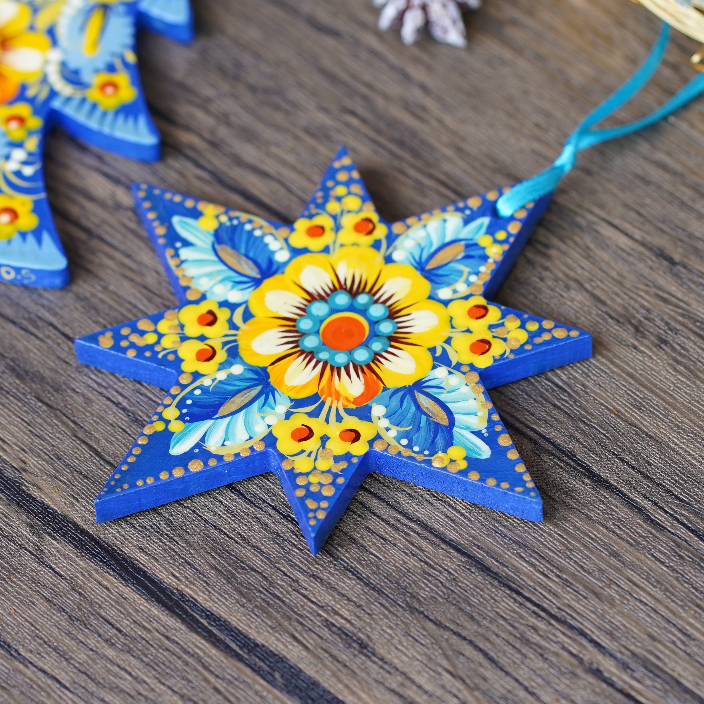 Painted Ukrainian Wooden Christmas Ornament Set - Handmade Blue & Yellow Tree and Star Petrykivka Decorations