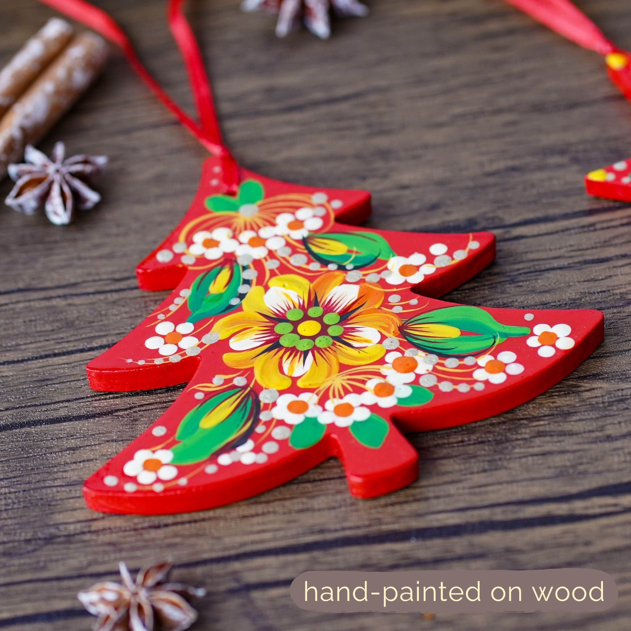 Painted Ukrainian Wooden Christmas Ornament Set - Handmade Red & Green Tree and Star Petrykivka Decorations