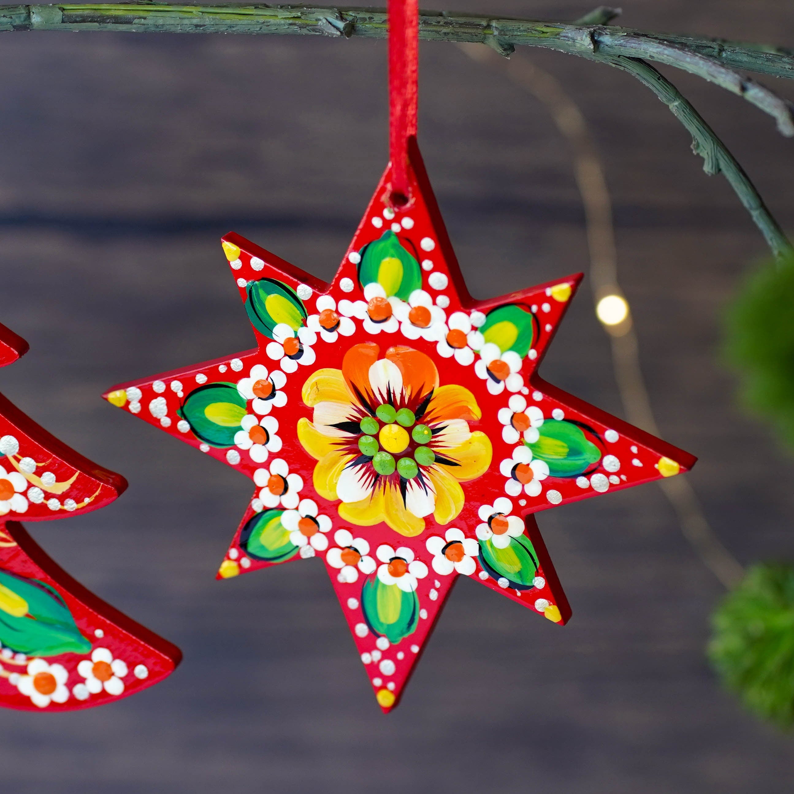 Painted Ukrainian Wooden Christmas Ornament Set - Handmade Red & Green Tree and Star Petrykivka Decorations