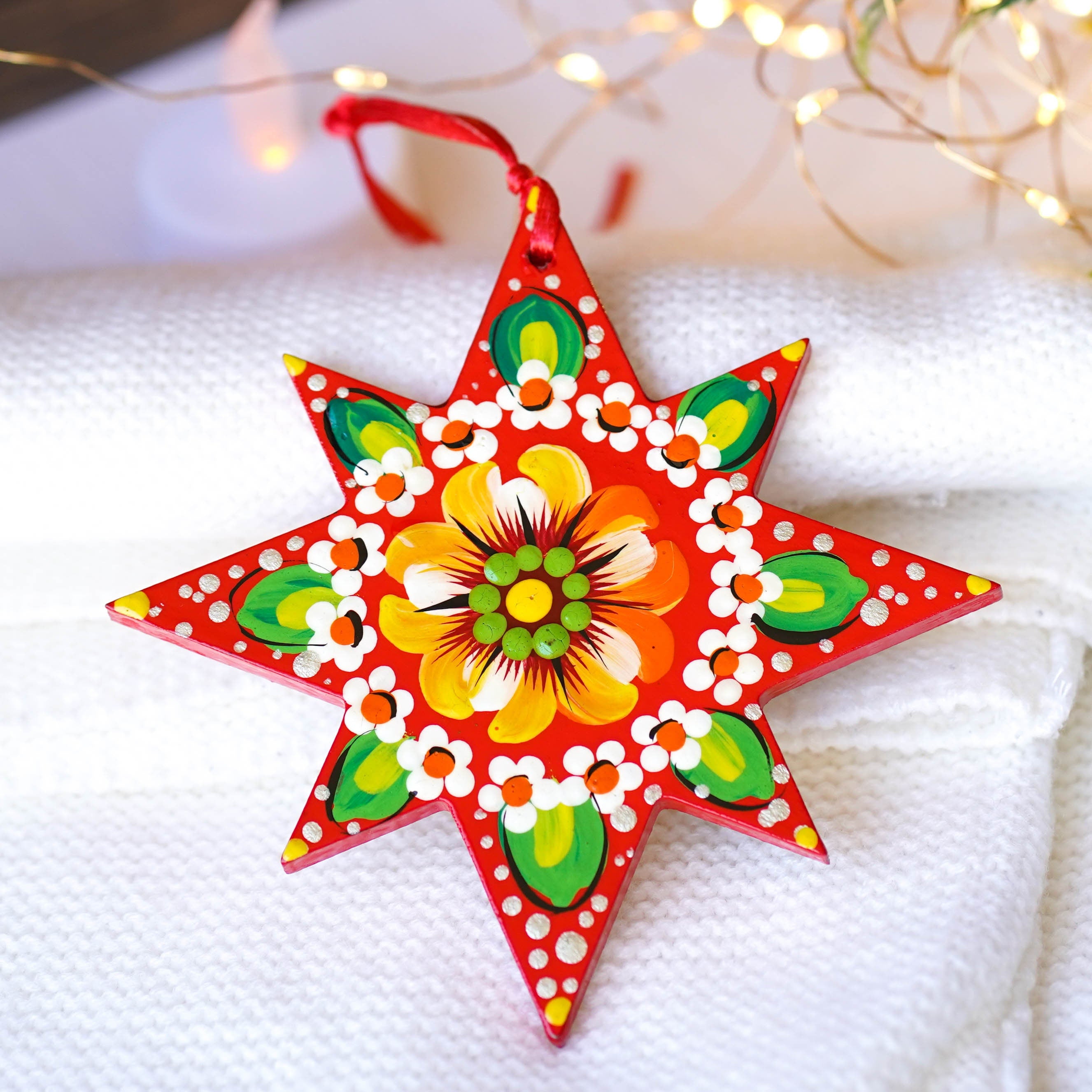 Painted Ukrainian Wooden Christmas Ornament Set - Handmade Red & Green Tree and Star Petrykivka Decorations