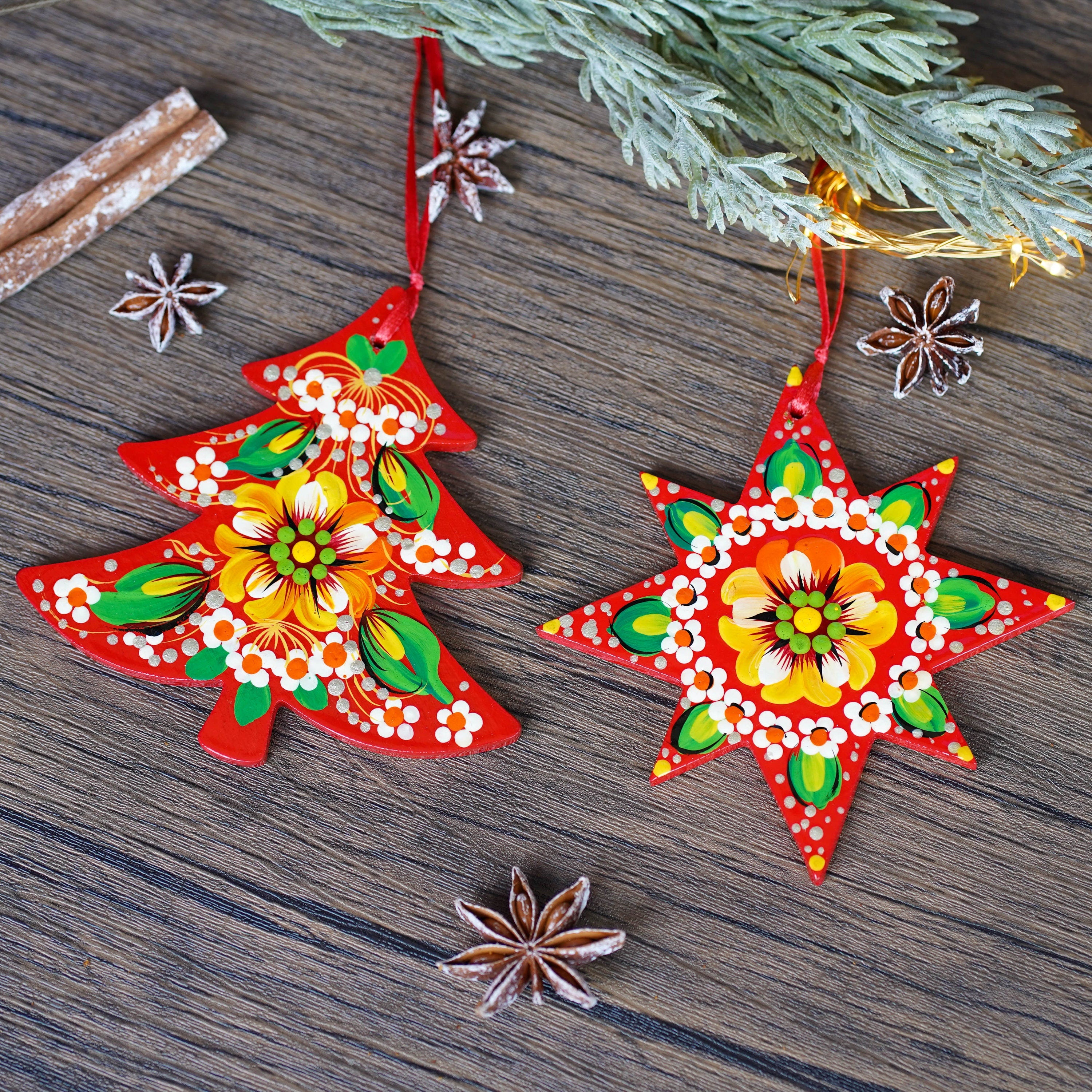 Painted Ukrainian Wooden Christmas Ornament Set - Handmade Red & Green Tree and Star Petrykivka Decorations