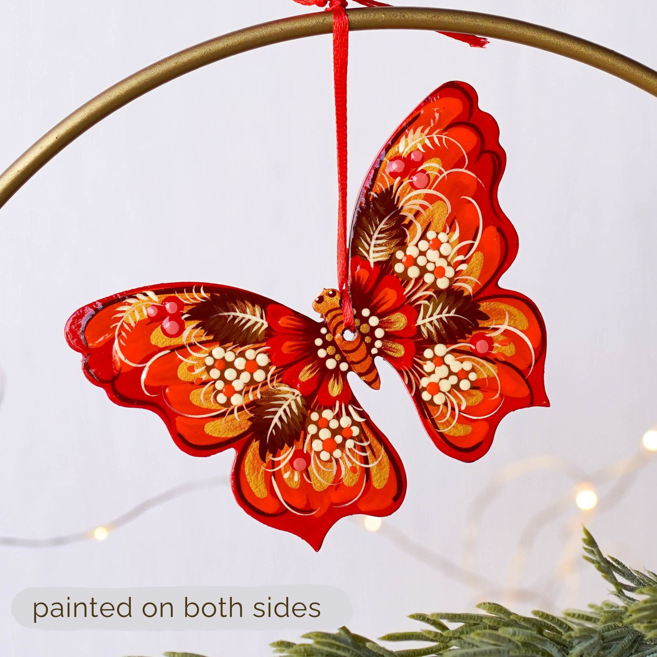 Set of 2 Hand-Painted Wooden Butterfly Christmas Ornaments - Red & Green Tree Decorations with Ukrainian Petrykivka Art