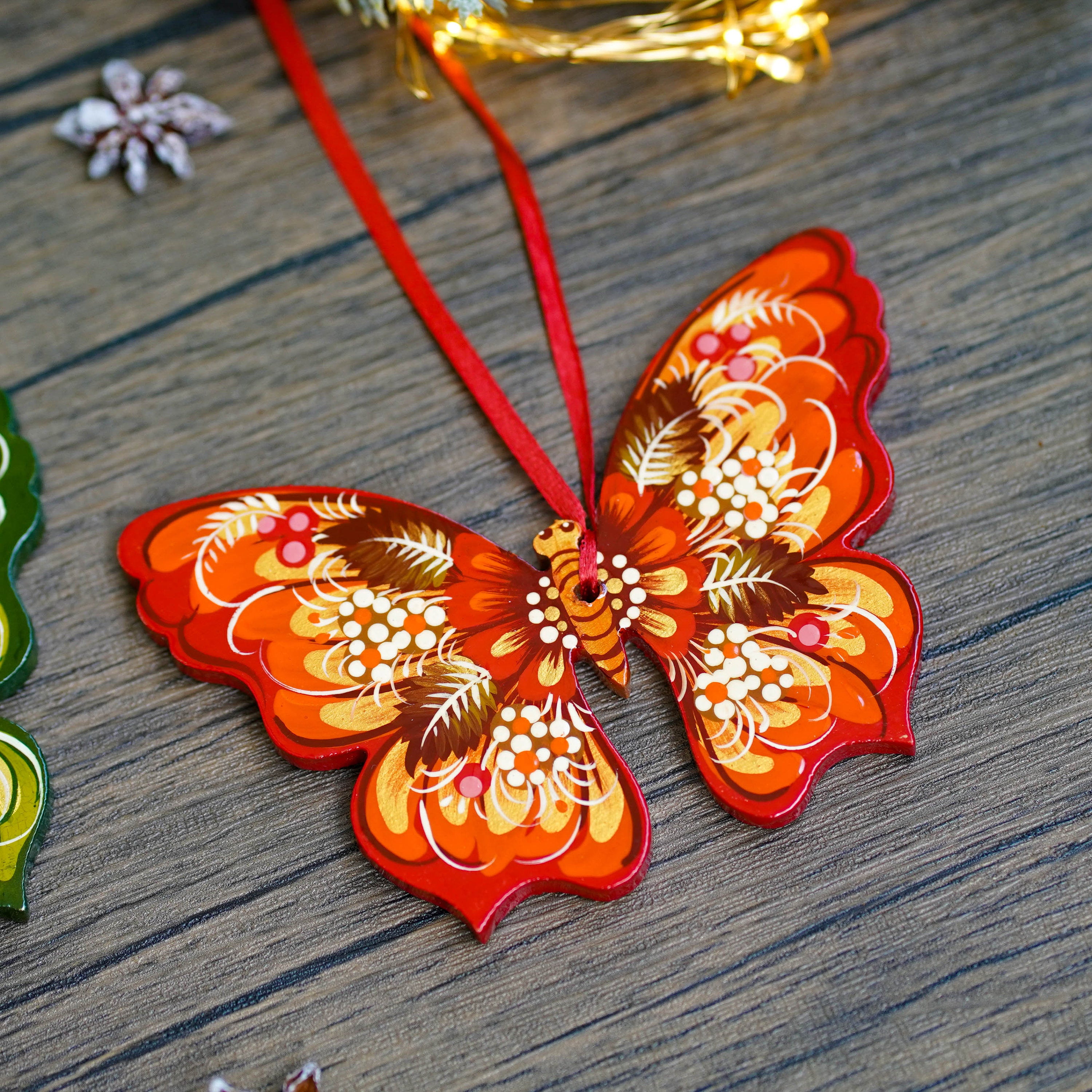 Set of 2 Hand-Painted Wooden Butterfly Christmas Ornaments - Red & Green Tree Decorations with Ukrainian Petrykivka Art