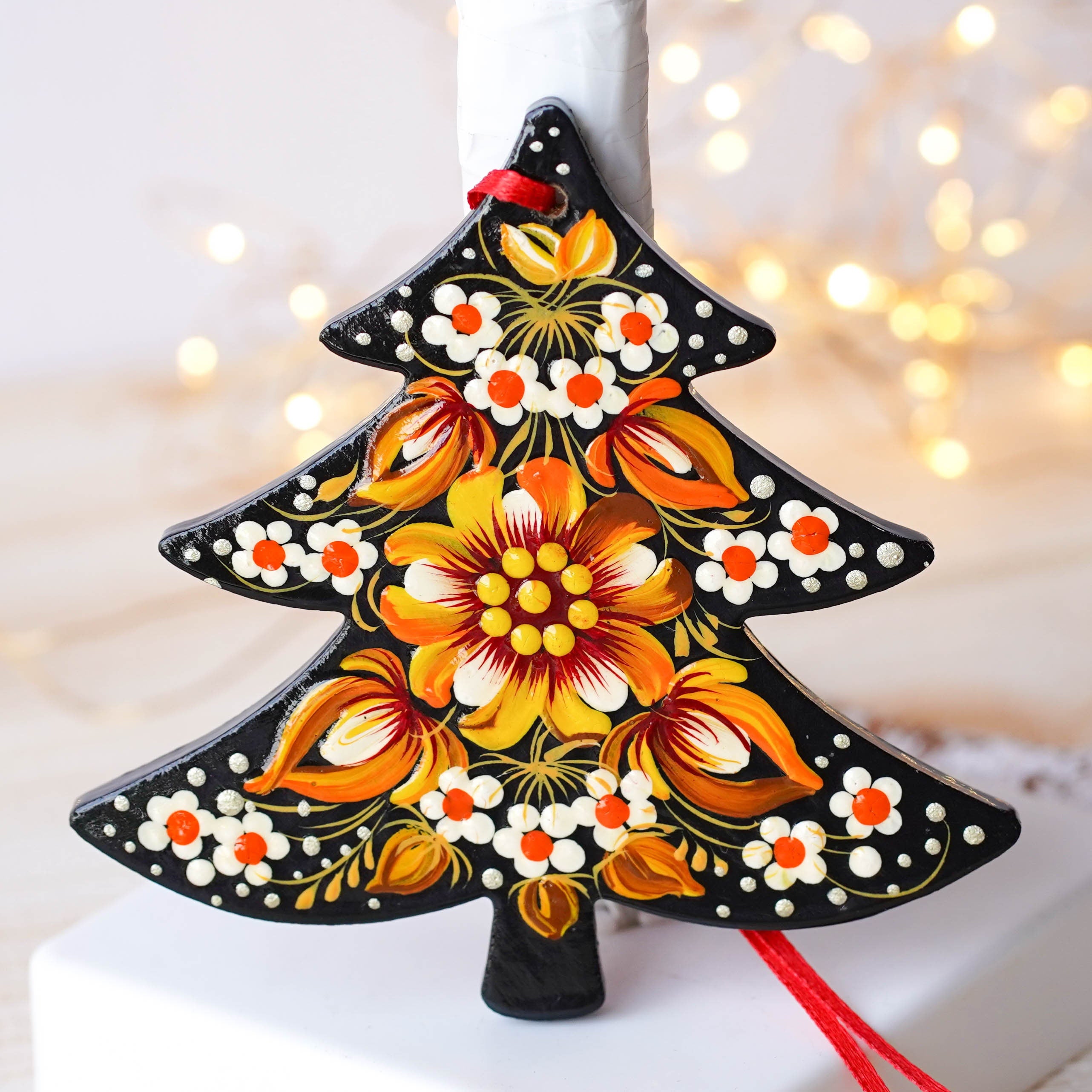 Set of 8 Painted Wooden Christmas Ornaments with Personalization option - Handmade Ukrainian Trees & Stars Decorations with Petrykivka Art