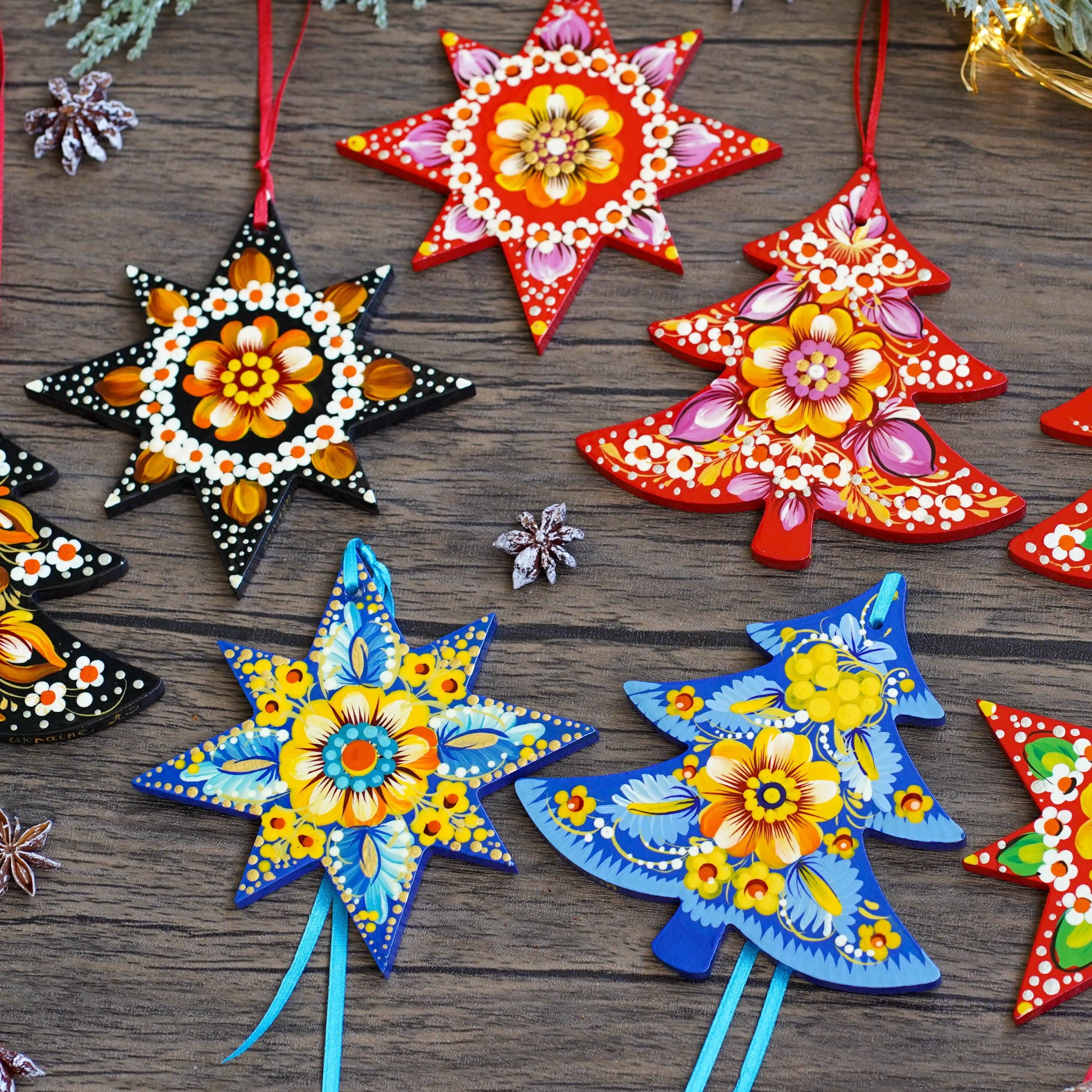 Set of 8 Painted Wooden Christmas Ornaments with Personalization option - Handmade Ukrainian Trees & Stars Decorations with Petrykivka Art