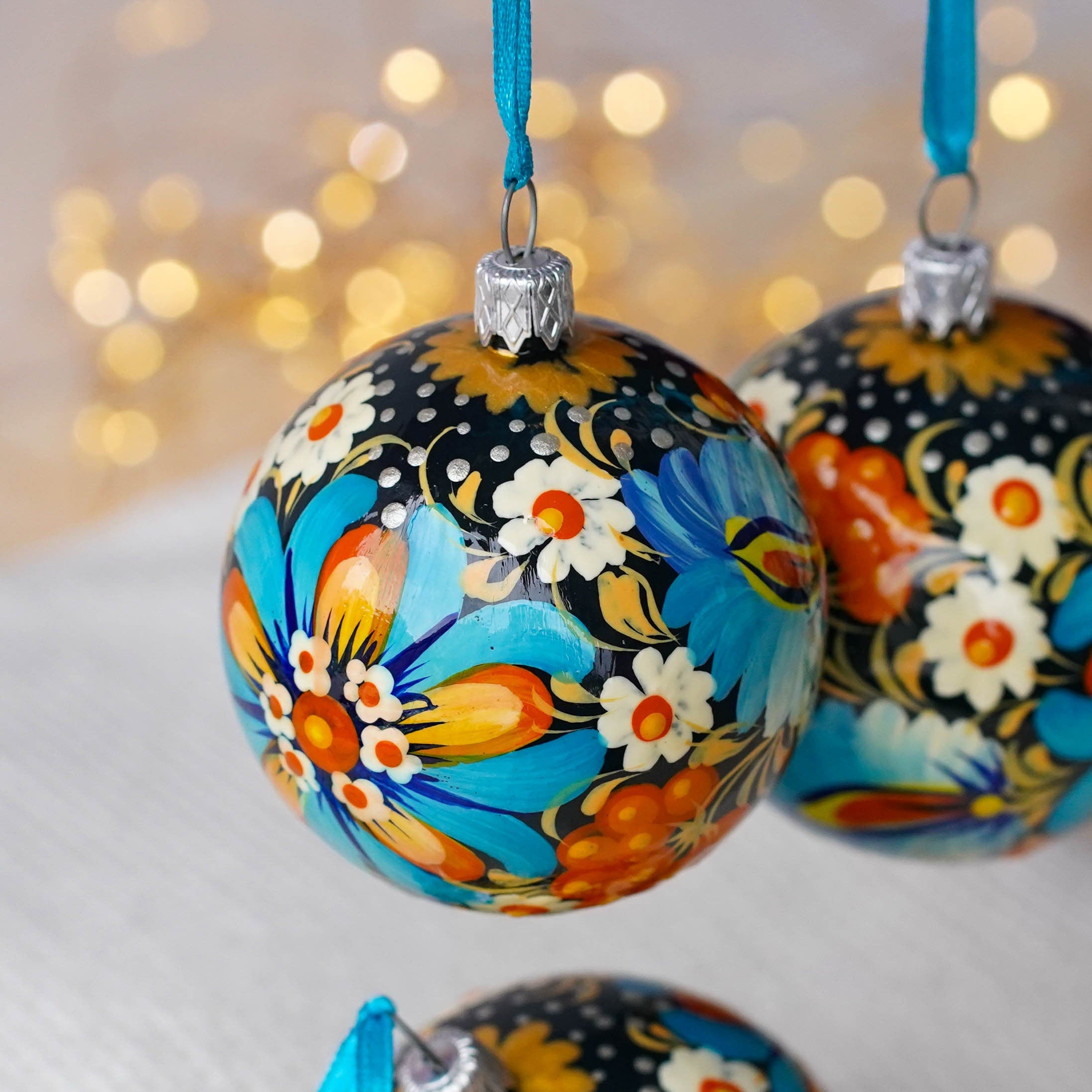 Christmas Ornament Set of 4/6/9 pcs - Hand-painted Ukrainian Christmas Ball Ornaments 2.4 in with Petrykivka art, Unique Blue Flower Baubles