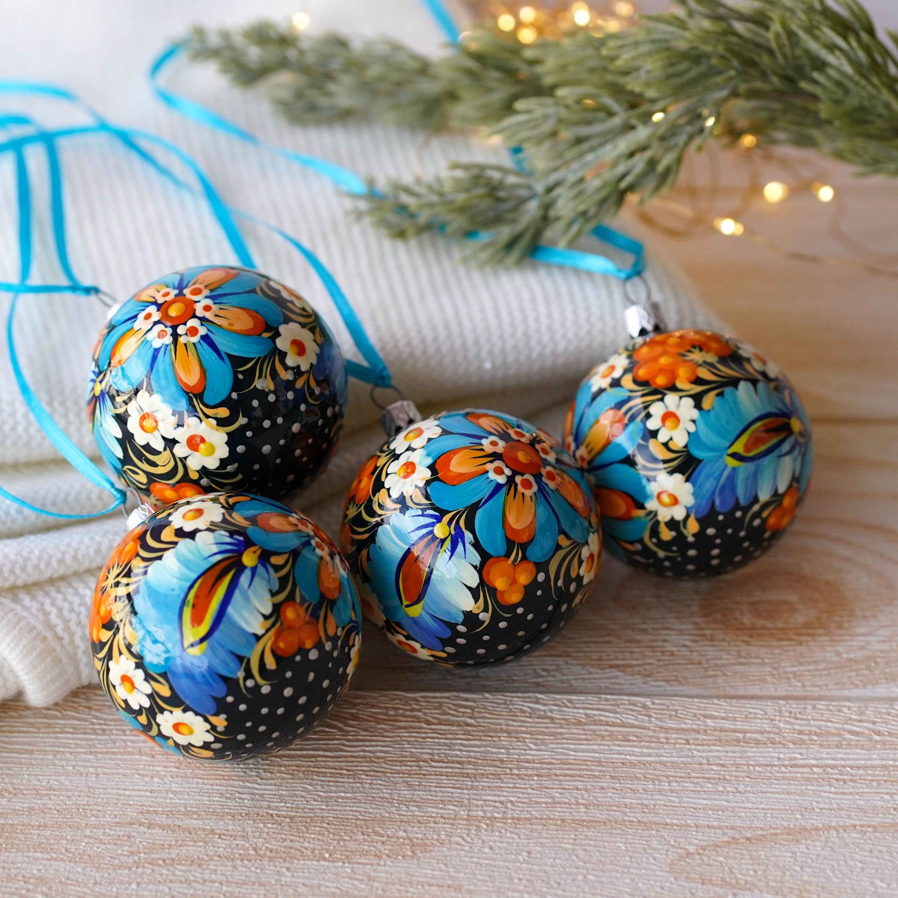 Christmas Ornament Set of 4/6/9 pcs - Hand-painted Ukrainian Christmas Ball Ornaments 2.4 in with Petrykivka art, Unique Blue Flower Baubles