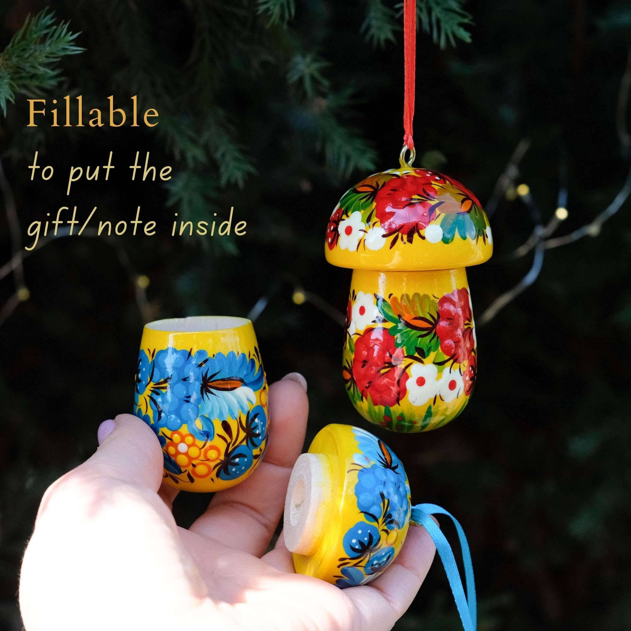 Painted Wooden Mushroom Christmas Ornament - Handmade Fillable Ornament with Ukrainian Folk Art Petrykivka, Flower Christmas Tree Decoration