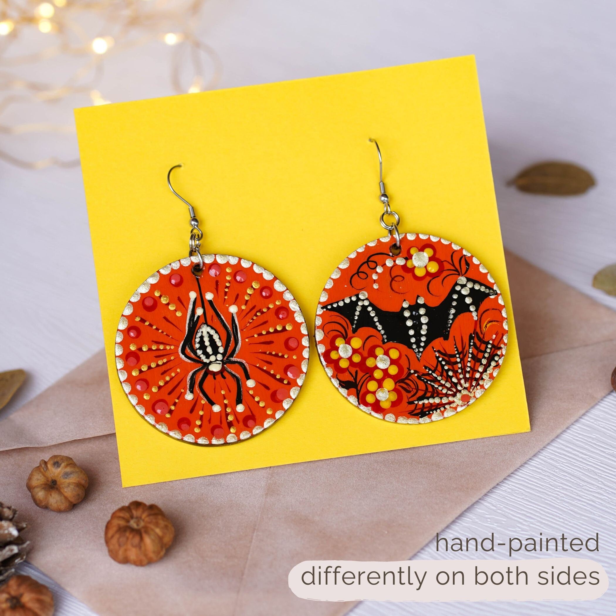 Painted Wooden Spider Earrings - Hypoallergenic Lightweight Orange Dangle Earrings, Halloween Bat Statement Jewelry