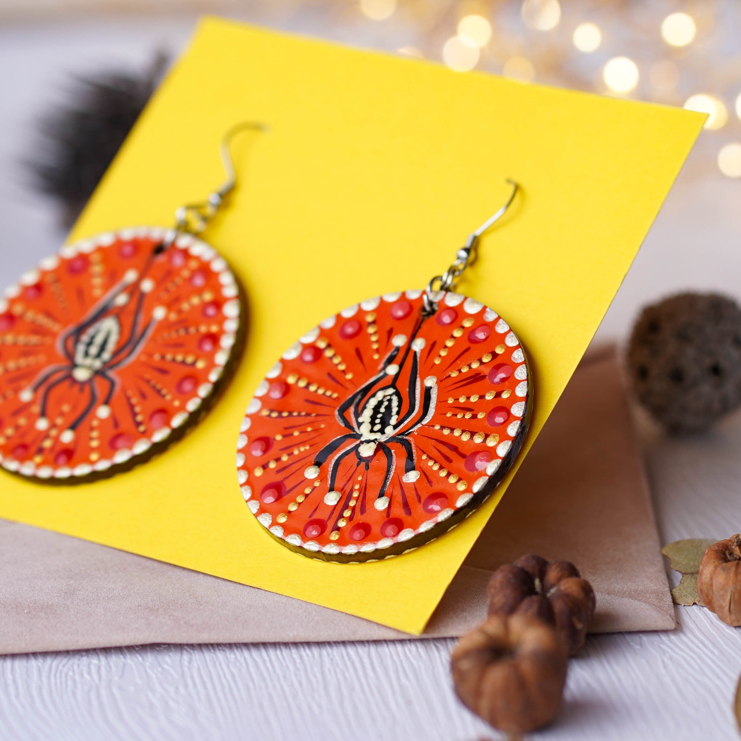 Painted Wooden Spider Earrings - Hypoallergenic Lightweight Orange Dangle Earrings, Halloween Bat Statement Jewelry