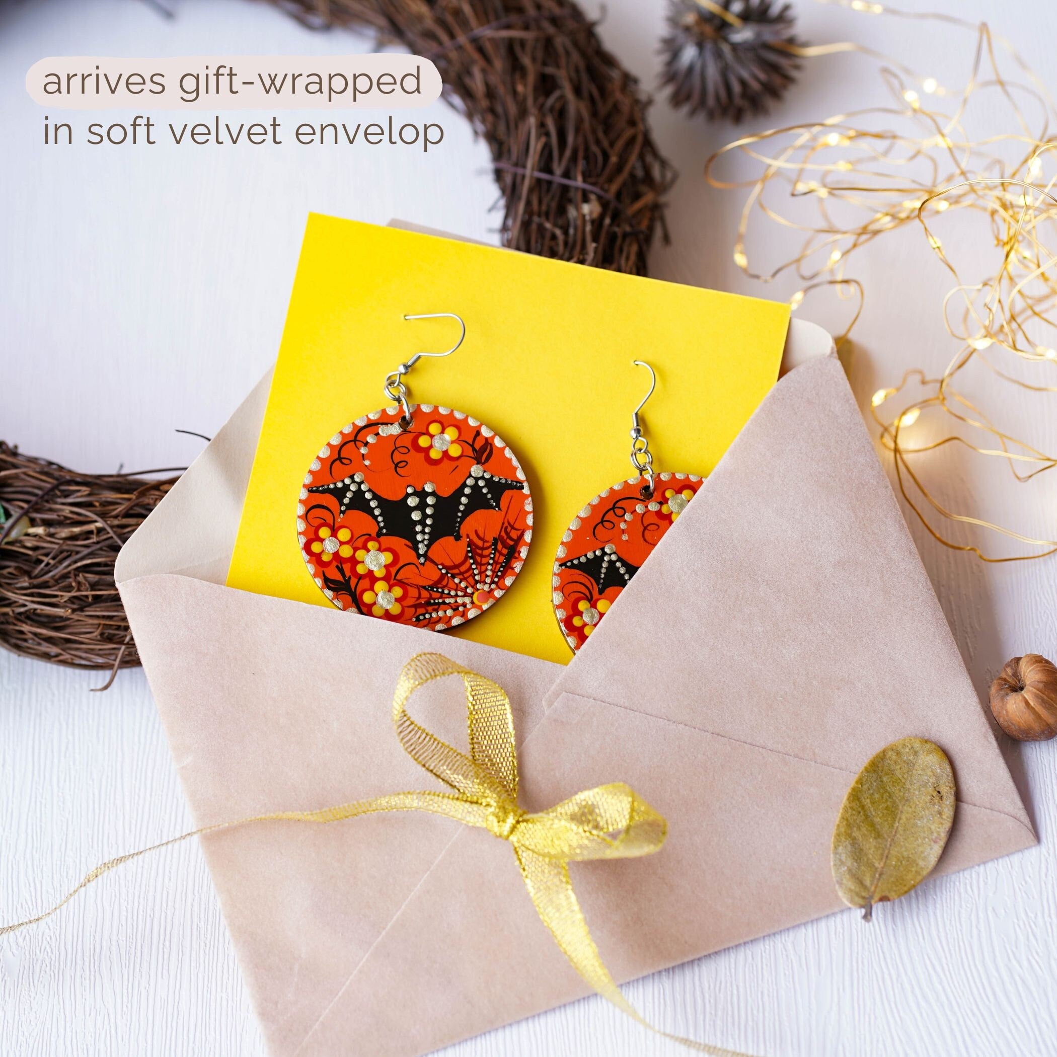 Painted Wooden Spider Earrings - Hypoallergenic Lightweight Orange Dangle Earrings, Halloween Bat Statement Jewelry