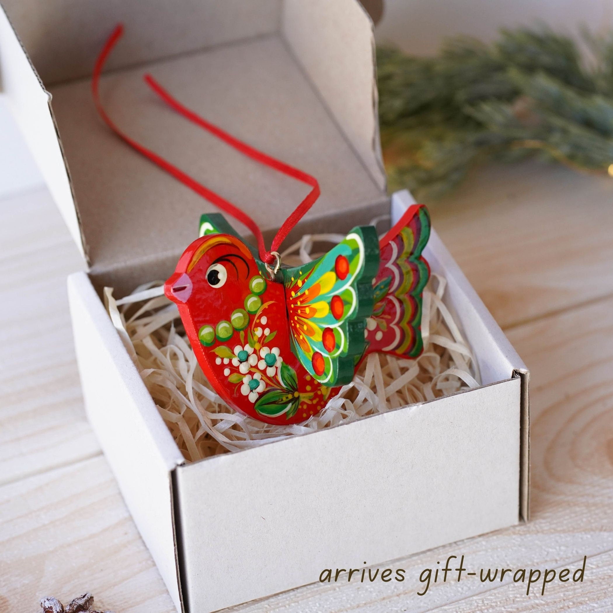 Painted Wooden Cardinal Christmas Ornament - Personalized Handmade Red Bird Christmas Tree Decoration with Ukrainian Petrykivka Art