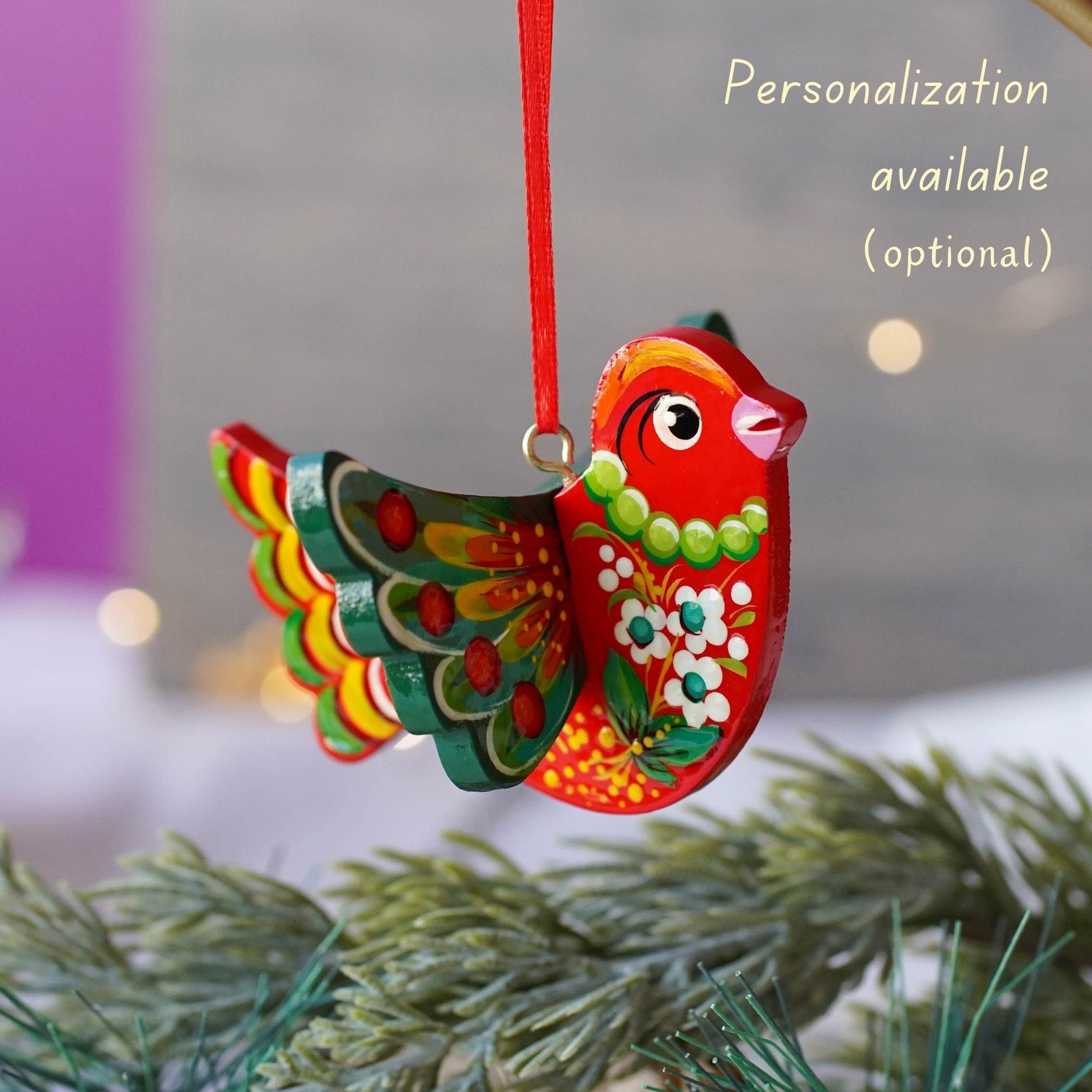 Painted Wooden Cardinal Christmas Ornament - Personalized Handmade Red Bird Christmas Tree Decoration with Ukrainian Petrykivka Art