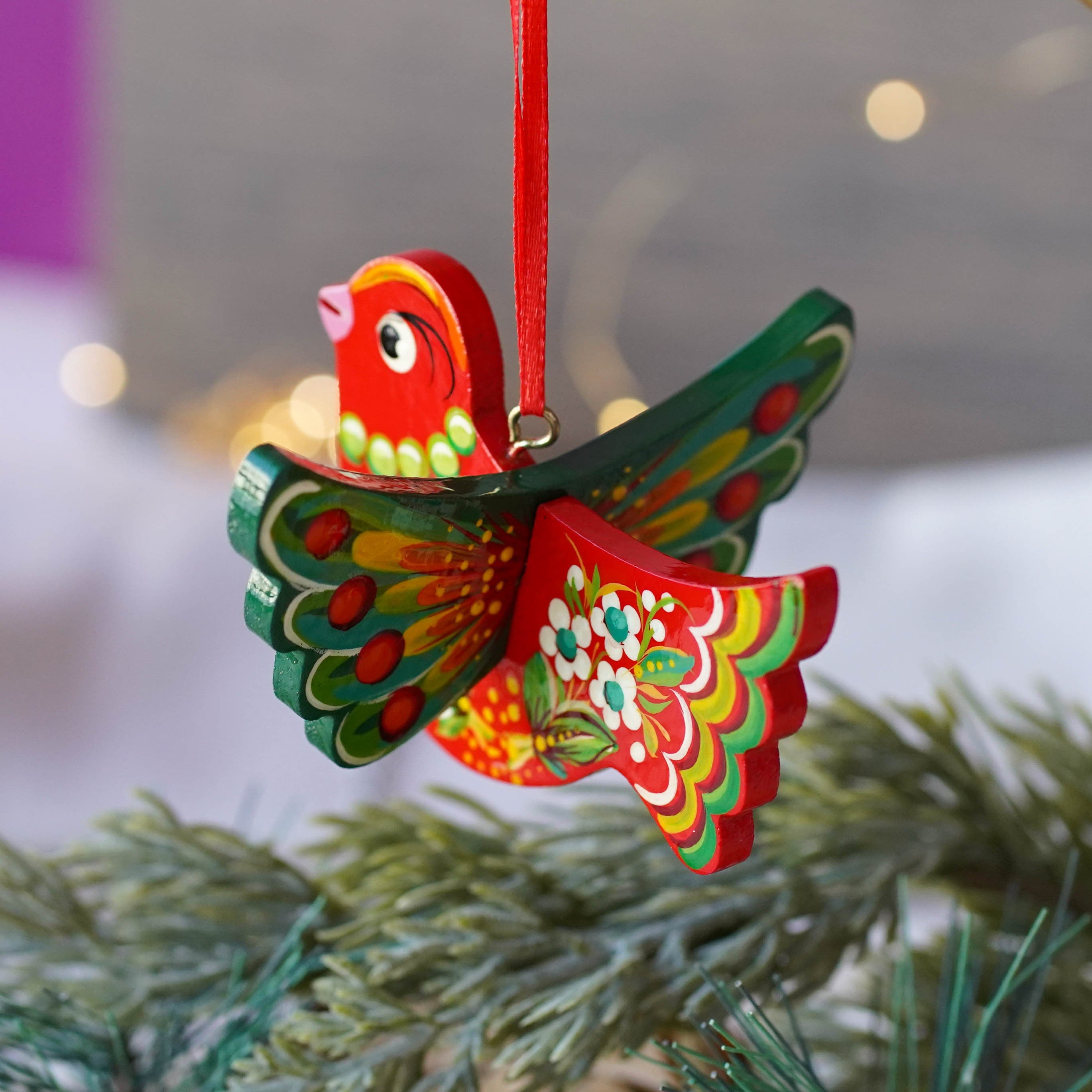 Painted Wooden Cardinal Christmas Ornament - Personalized Handmade Red Bird Christmas Tree Decoration with Ukrainian Petrykivka Art