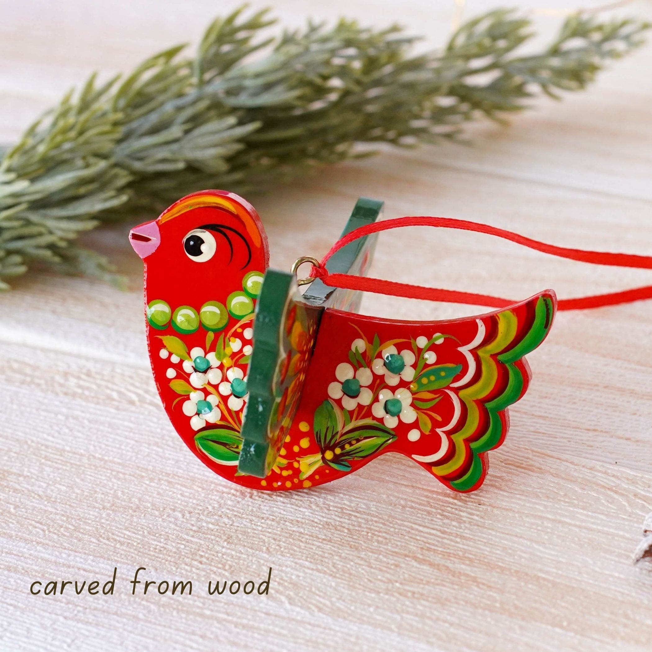 Painted Wooden Cardinal Christmas Ornament - Personalized Handmade Red Bird Christmas Tree Decoration with Ukrainian Petrykivka Art