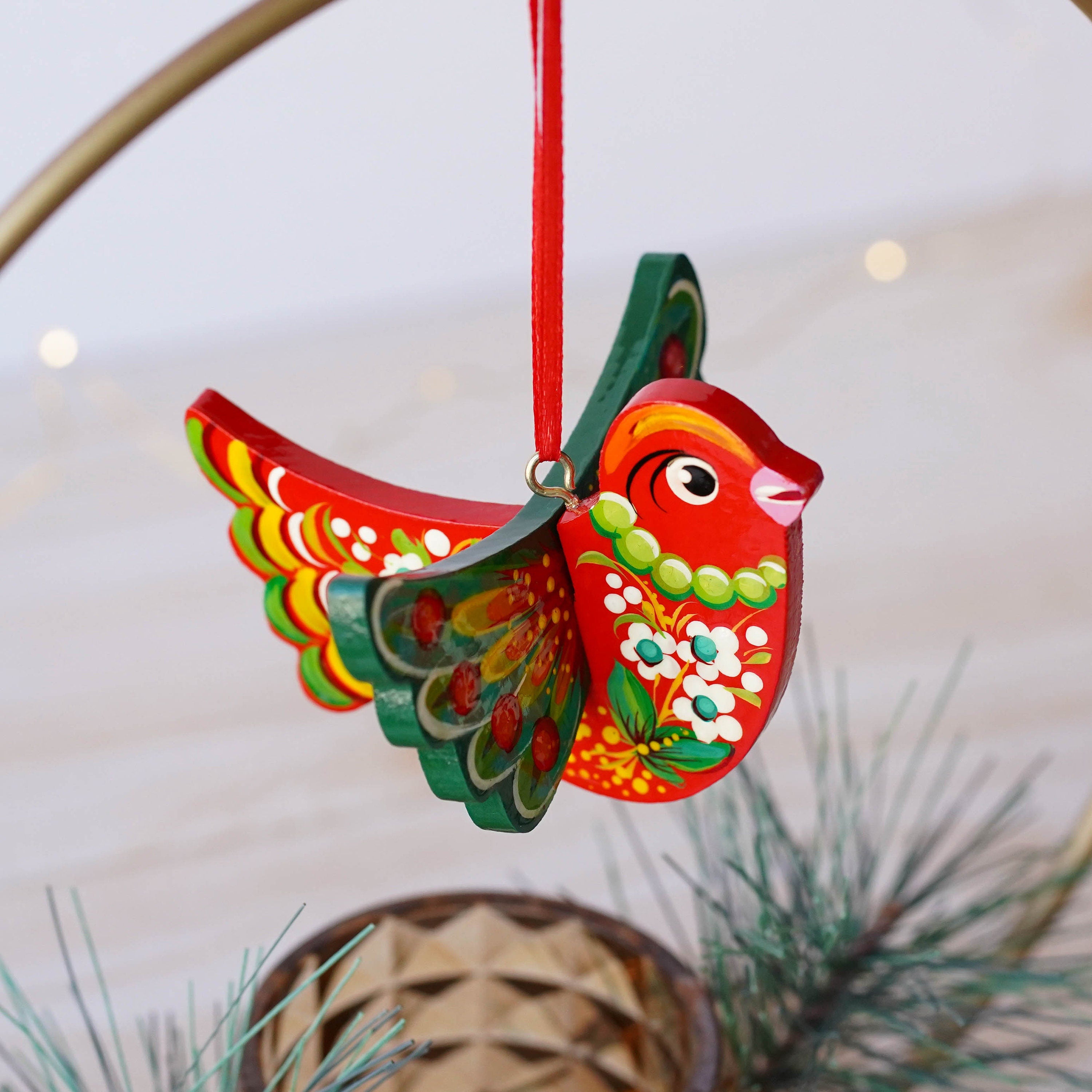 Painted Wooden Cardinal Christmas Ornament - Personalized Handmade Red Bird Christmas Tree Decoration with Ukrainian Petrykivka Art