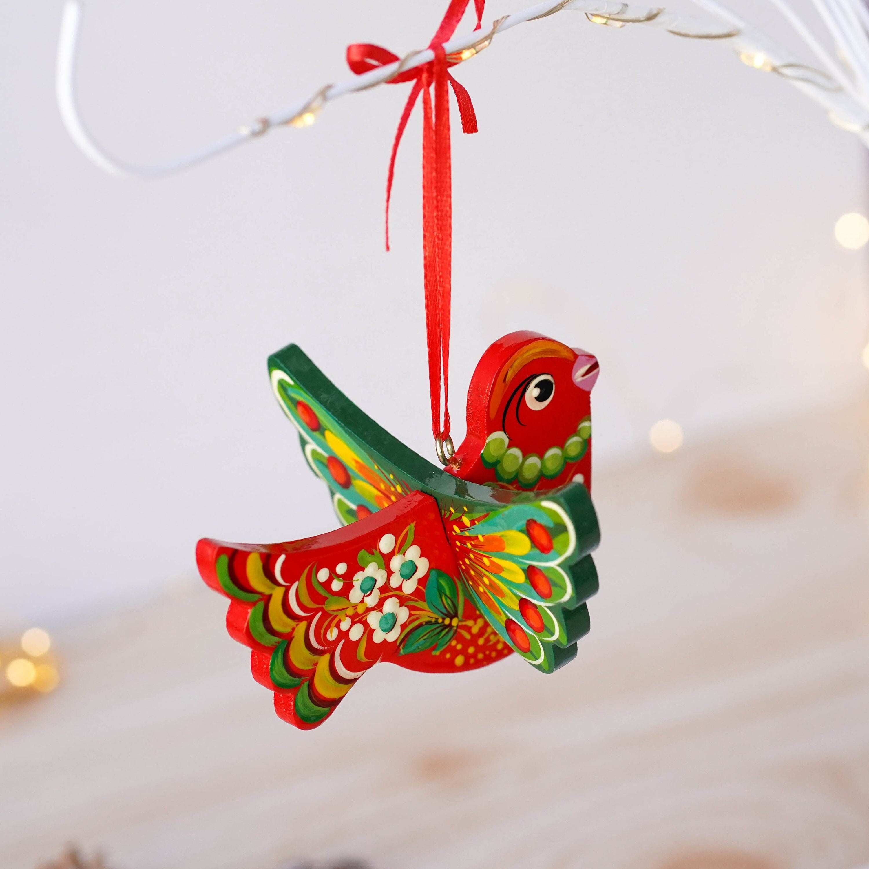 Painted Wooden Cardinal Christmas Ornament - Personalized Handmade Red Bird Christmas Tree Decoration with Ukrainian Petrykivka Art