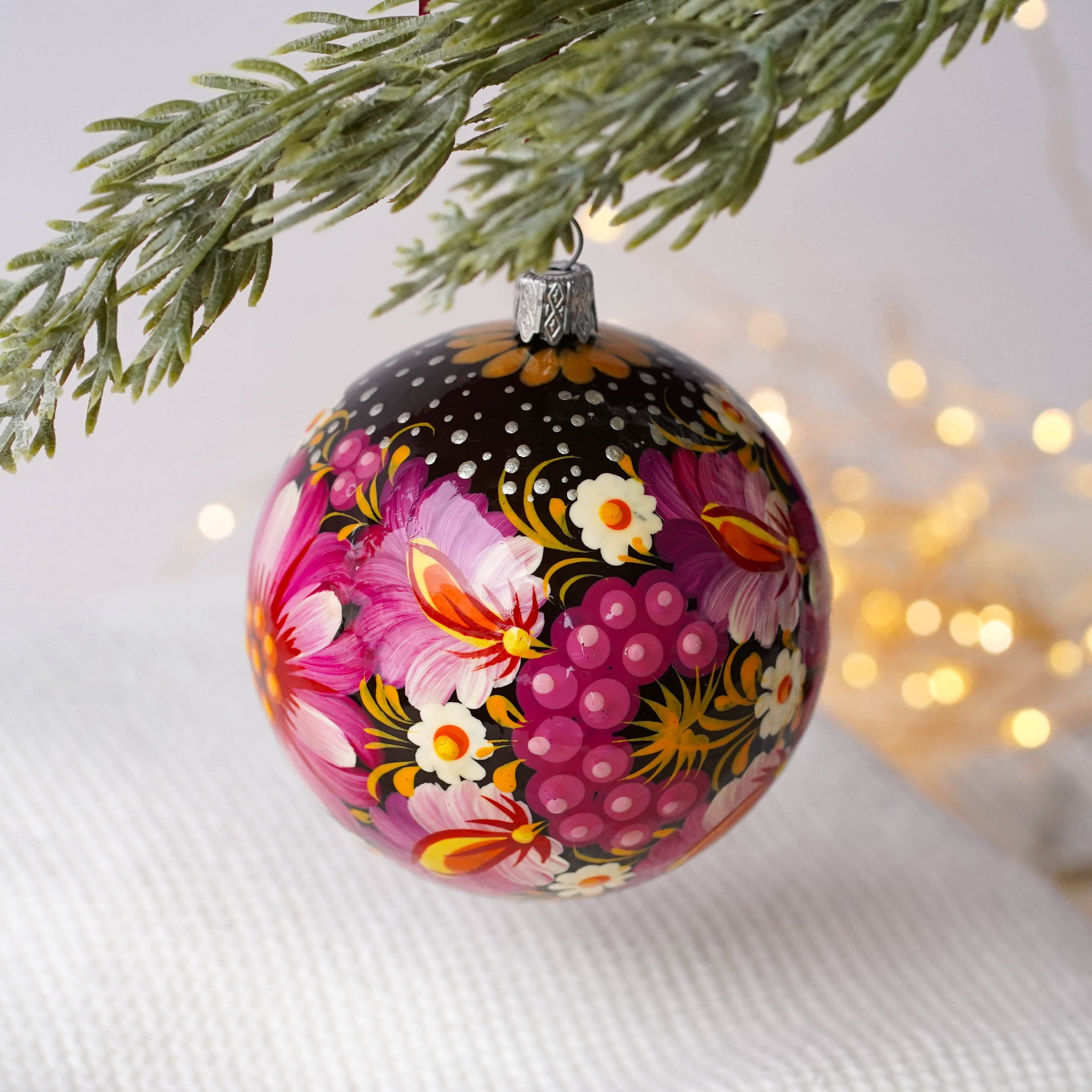 Painted Ukrainian Pink Flower Christmas Ball Ornament 3.14 in - Handmade Petrykivka Art Purple Christmas Tree Decoration