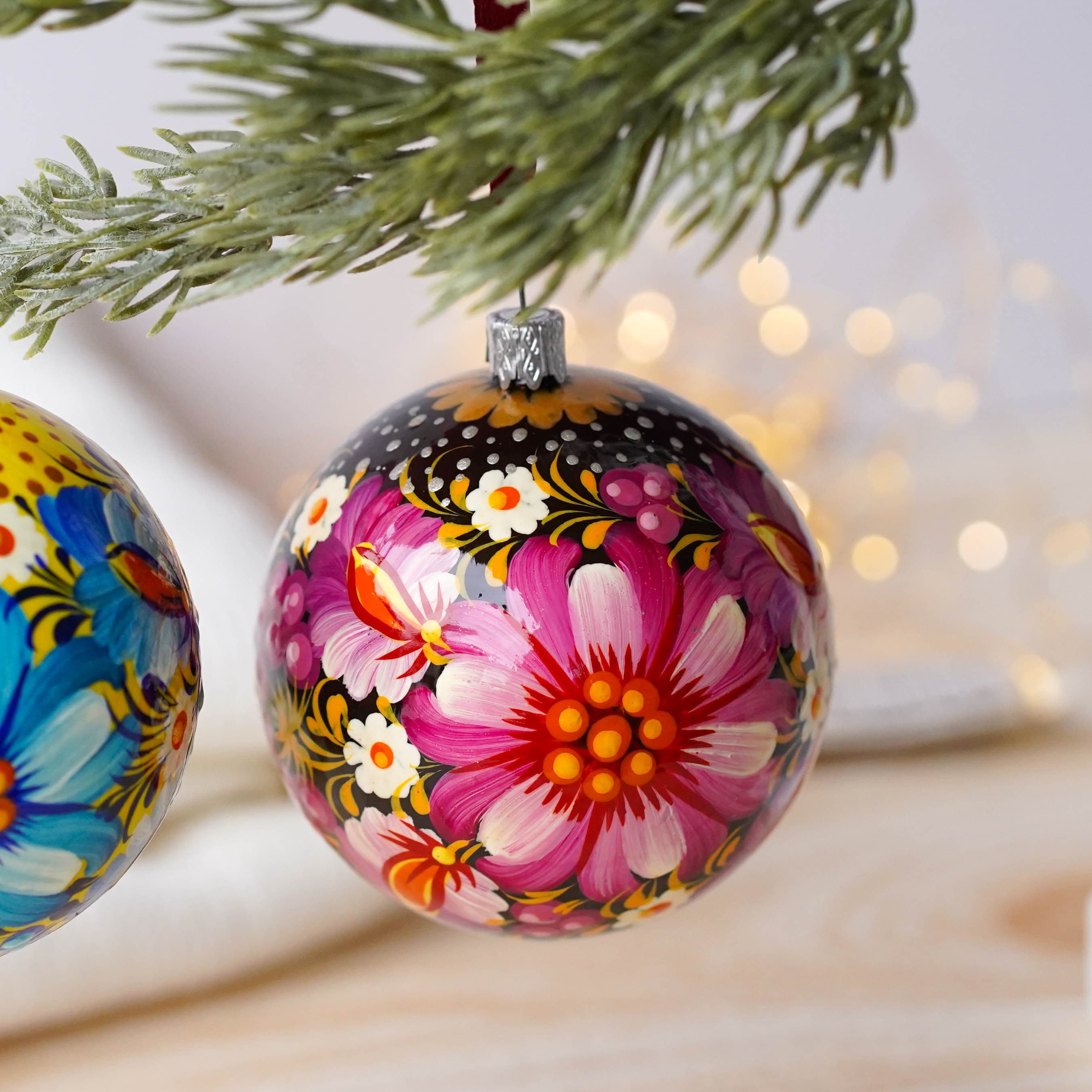 Painted Ukrainian Pink Flower Christmas Ball Ornament 3.14 in - Handmade Petrykivka Art Purple Christmas Tree Decoration