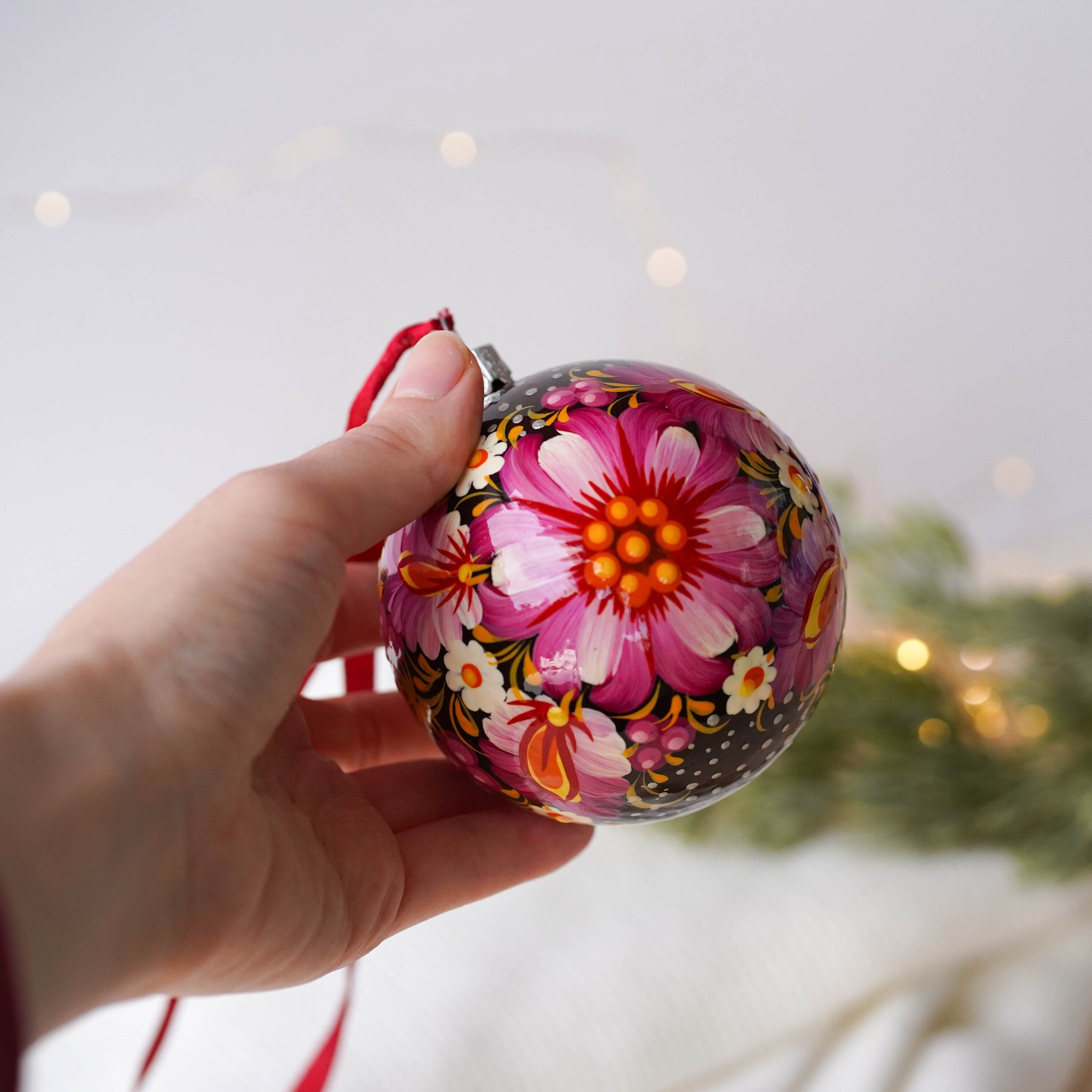 Painted Ukrainian Pink Flower Christmas Ball Ornament 3.14 in - Handmade Petrykivka Art Purple Christmas Tree Decoration