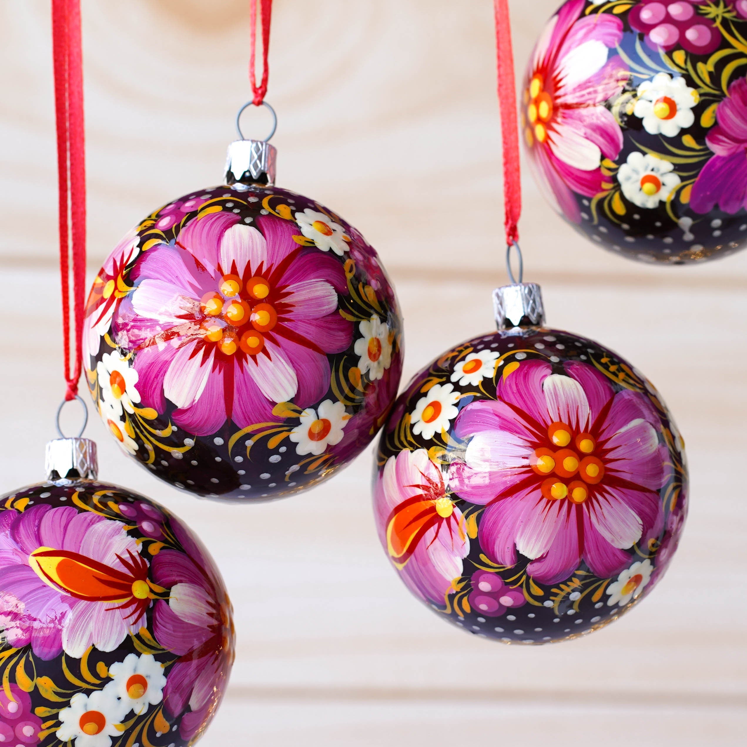 Christmas Ornament Set, Hand-painted Ukrainian Christmas Ball Ornaments 2.4 in with Petrykivka art, Unique Pink Flower Tree Decorations Set