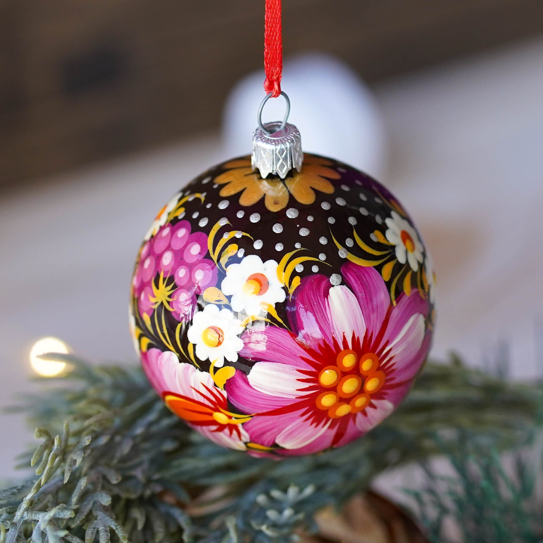 Christmas Ornament Set, Hand-painted Ukrainian Christmas Ball Ornaments 2.4 in with Petrykivka art, Unique Pink Flower Tree Decorations Set