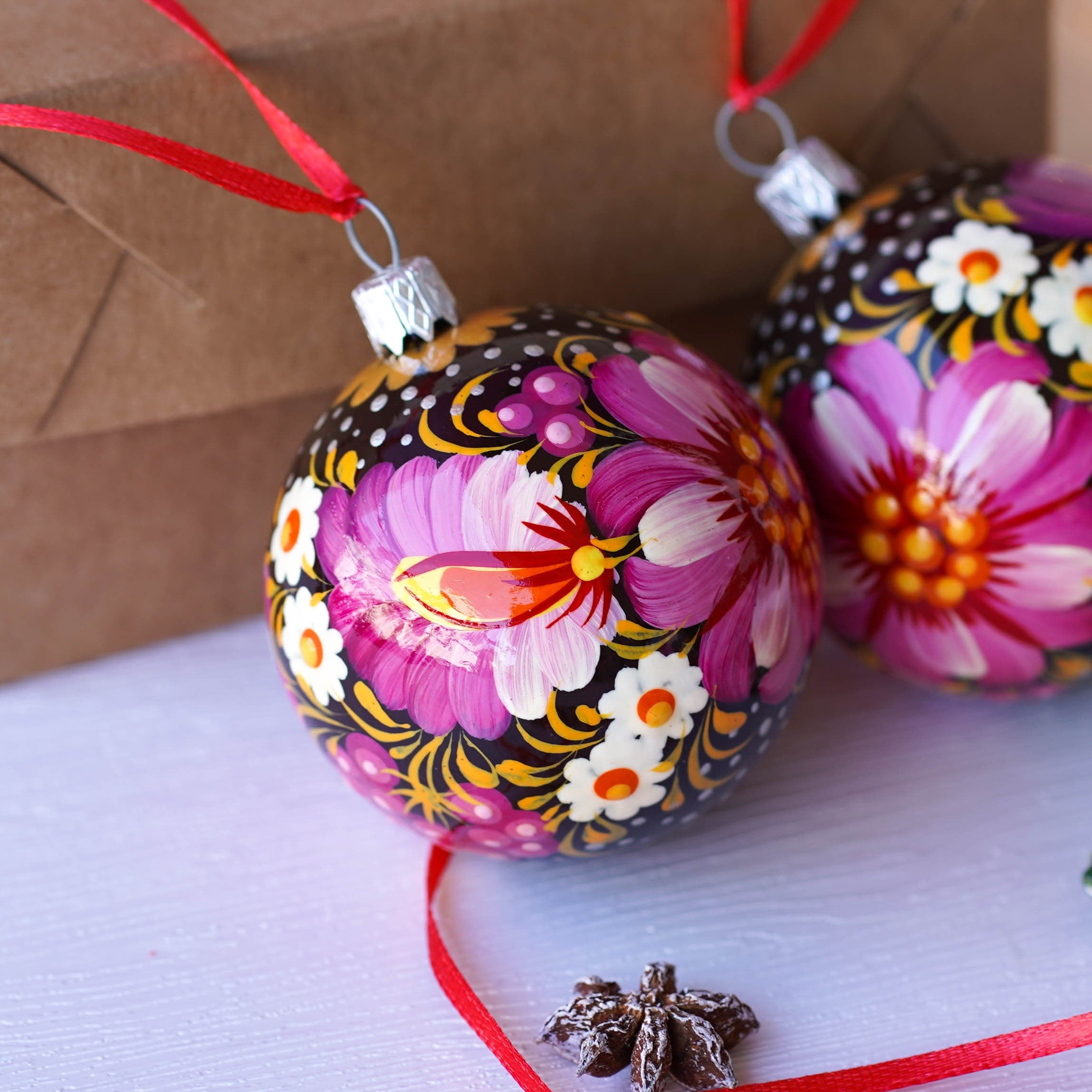 Christmas Ornament Set, Hand-painted Ukrainian Christmas Ball Ornaments 2.4 in with Petrykivka art, Unique Pink Flower Tree Decorations Set