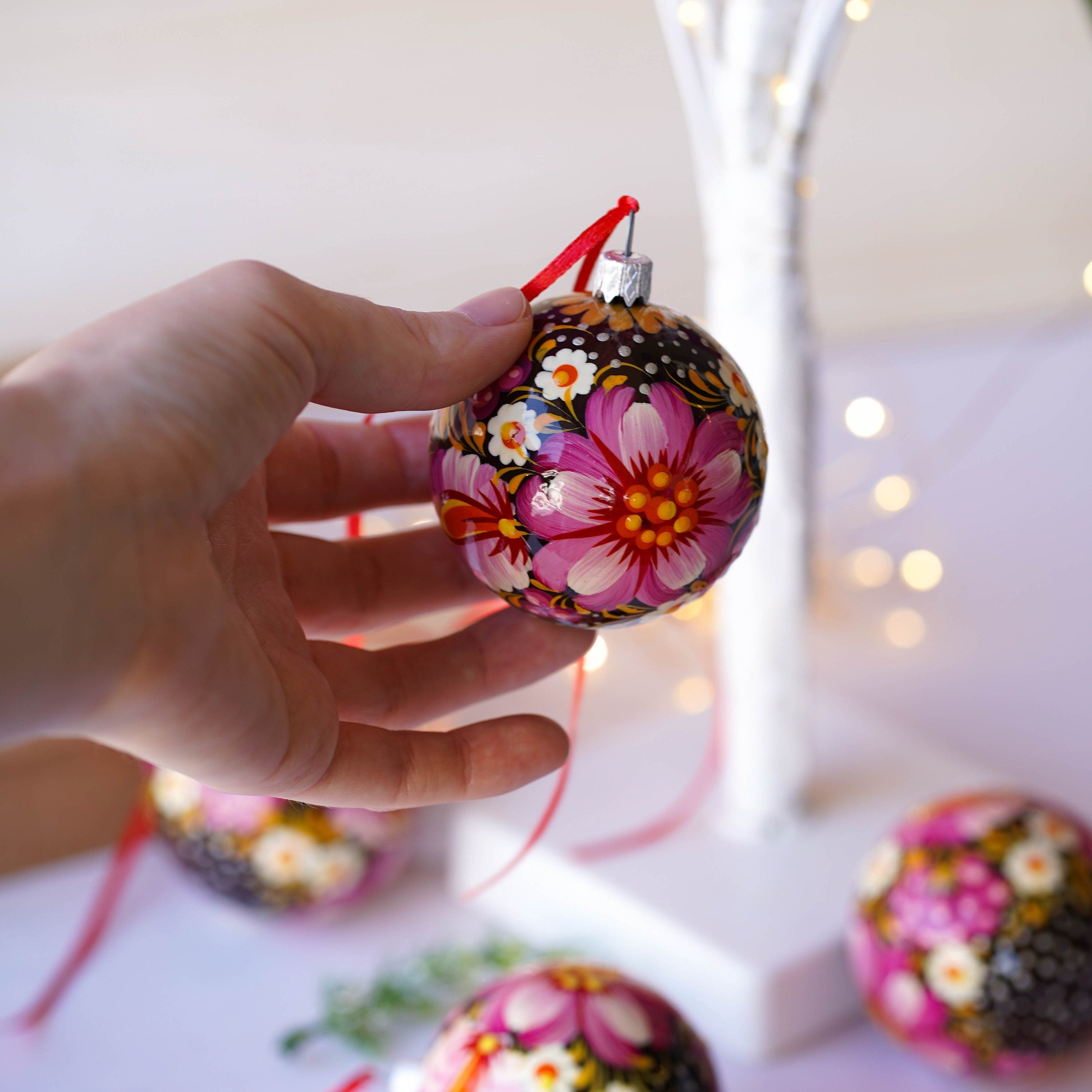 Christmas Ornament Set, Hand-painted Ukrainian Christmas Ball Ornaments 2.4 in with Petrykivka art, Unique Pink Flower Tree Decorations Set