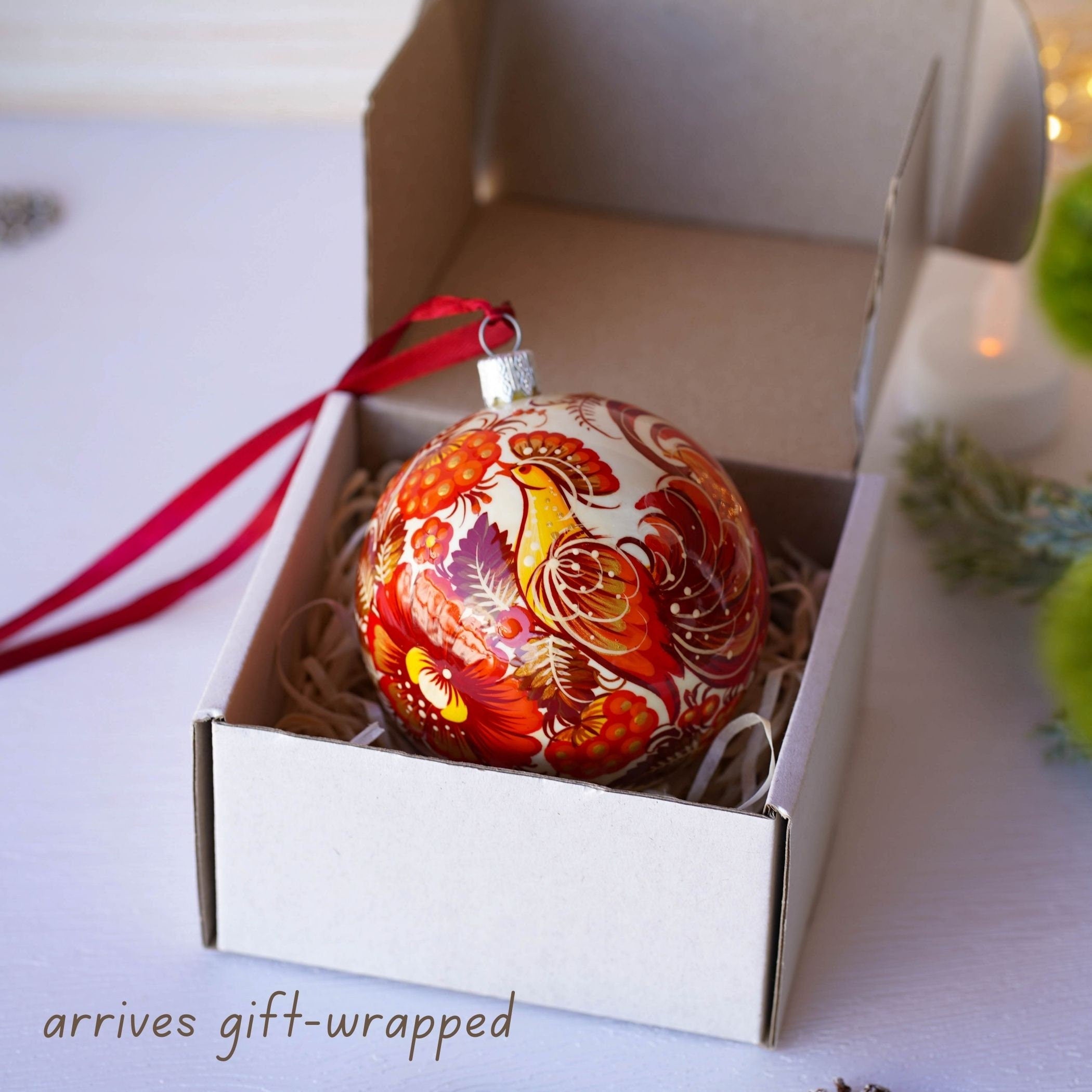 Painted Red Bird Christmas Ball Ornament 3.14 in - Handmade Ukrainian Petrykivka Ornament with Fairy Bird, Unique Red Flower Bauble