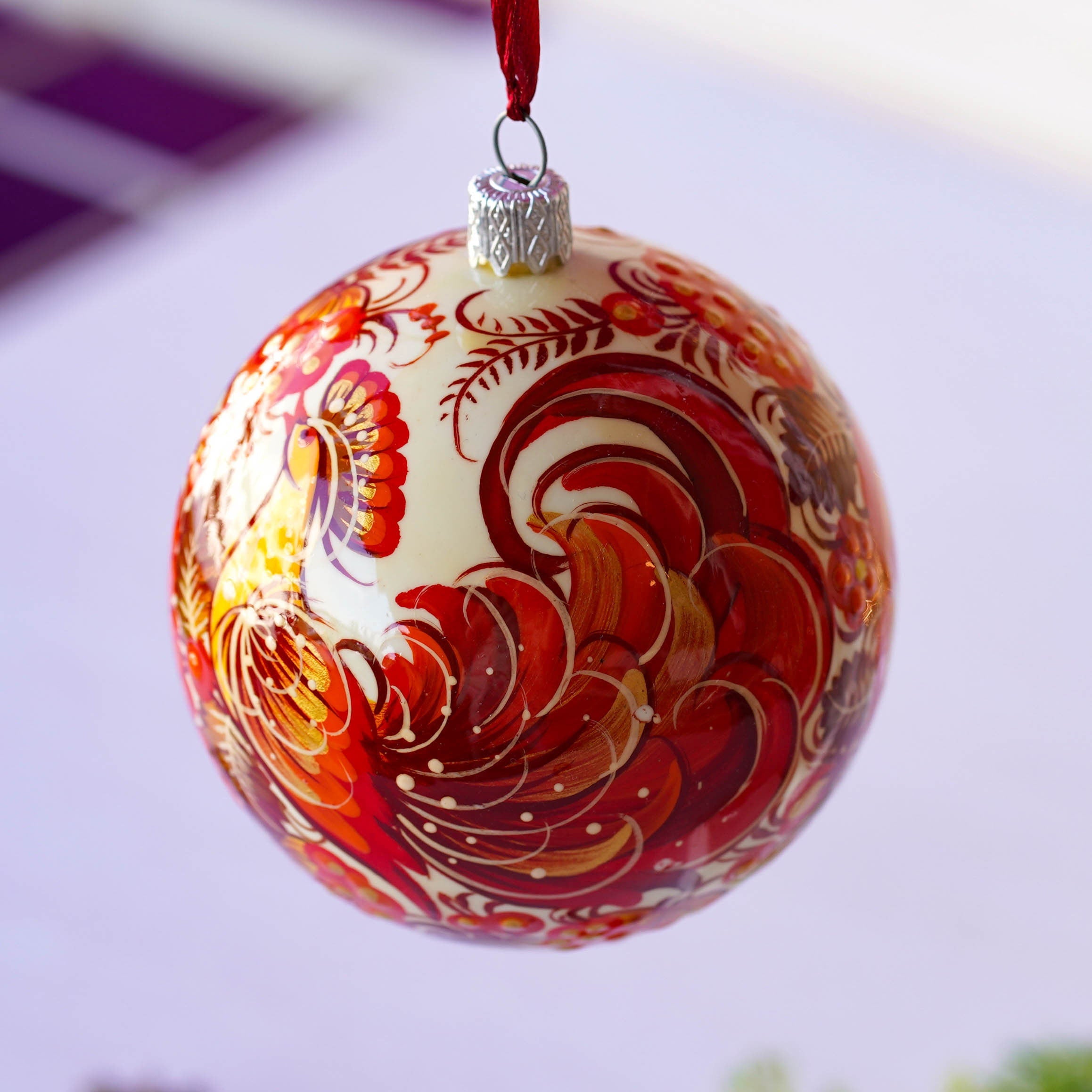 Painted Red Bird Christmas Ball Ornament 3.14 in - Handmade Ukrainian Petrykivka Ornament with Fairy Bird, Unique Red Flower Bauble