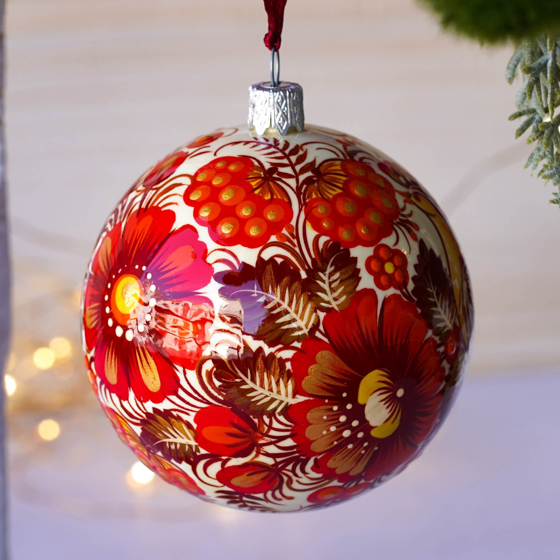 Painted Red Bird Christmas Ball Ornament 3.14 in - Handmade Ukrainian Petrykivka Ornament with Fairy Bird, Unique Red Flower Bauble