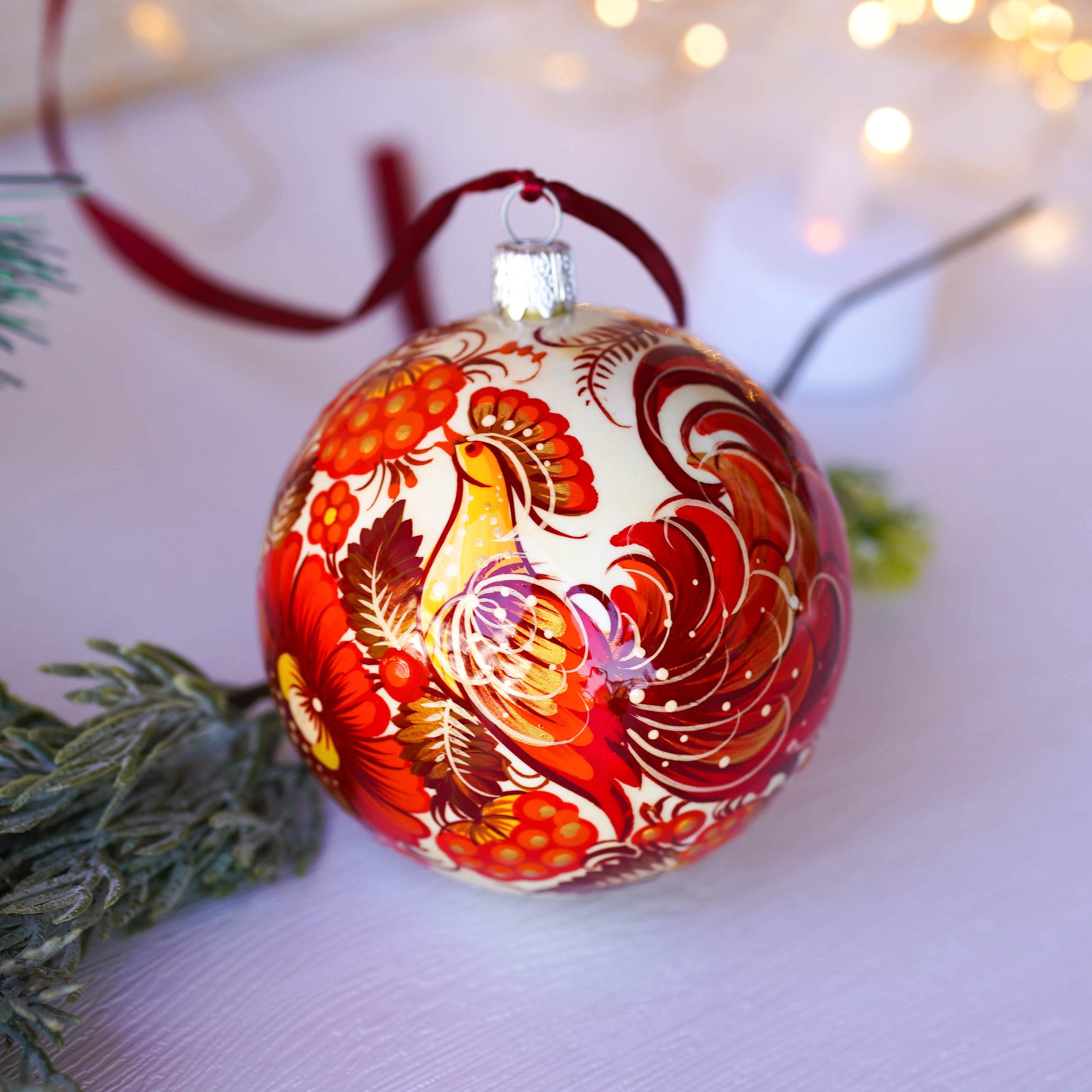 Painted Red Bird Christmas Ball Ornament 3.14 in - Handmade Ukrainian Petrykivka Ornament with Fairy Bird, Unique Red Flower Bauble