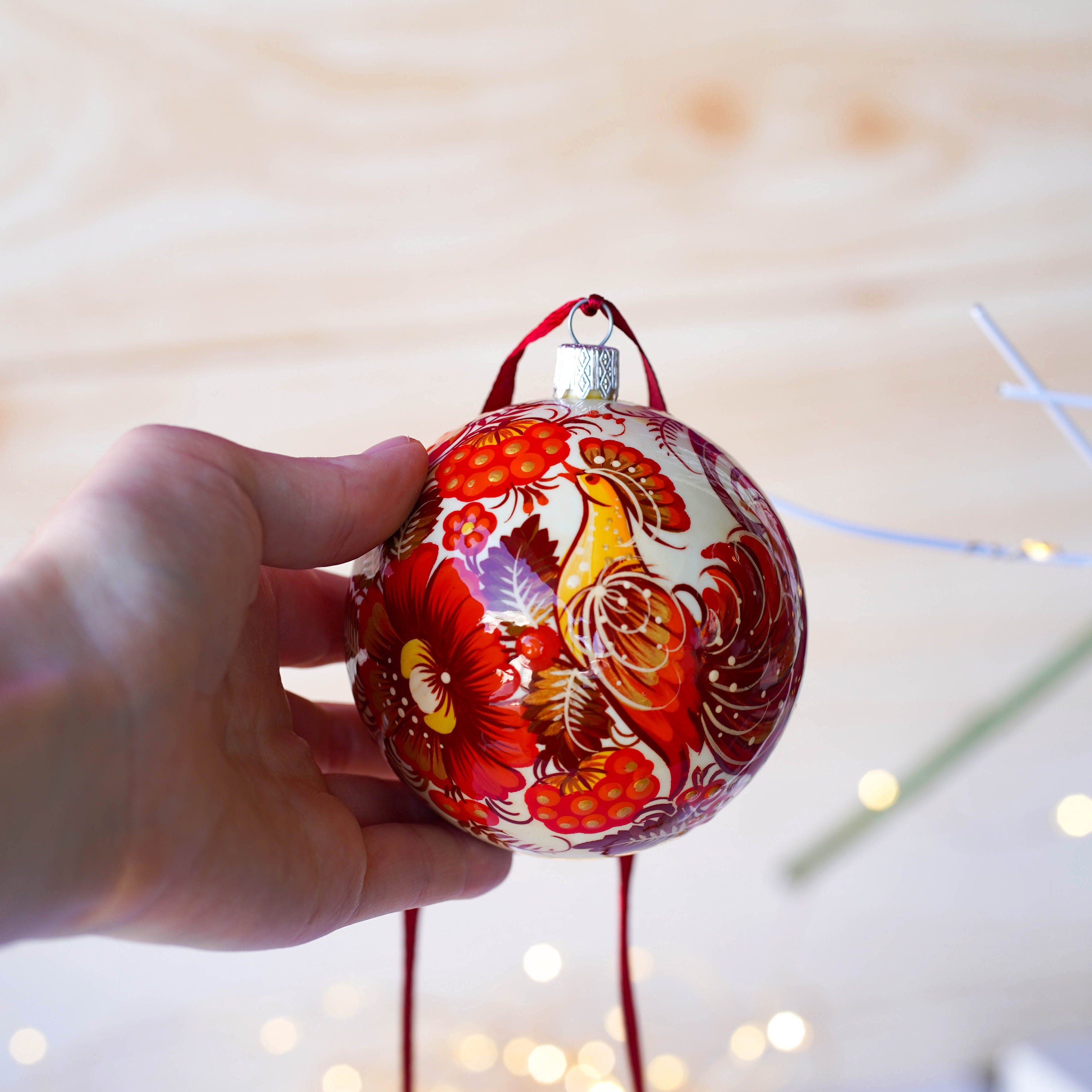 Painted Red Bird Christmas Ball Ornament 3.14 in - Handmade Ukrainian Petrykivka Ornament with Fairy Bird, Unique Red Flower Bauble