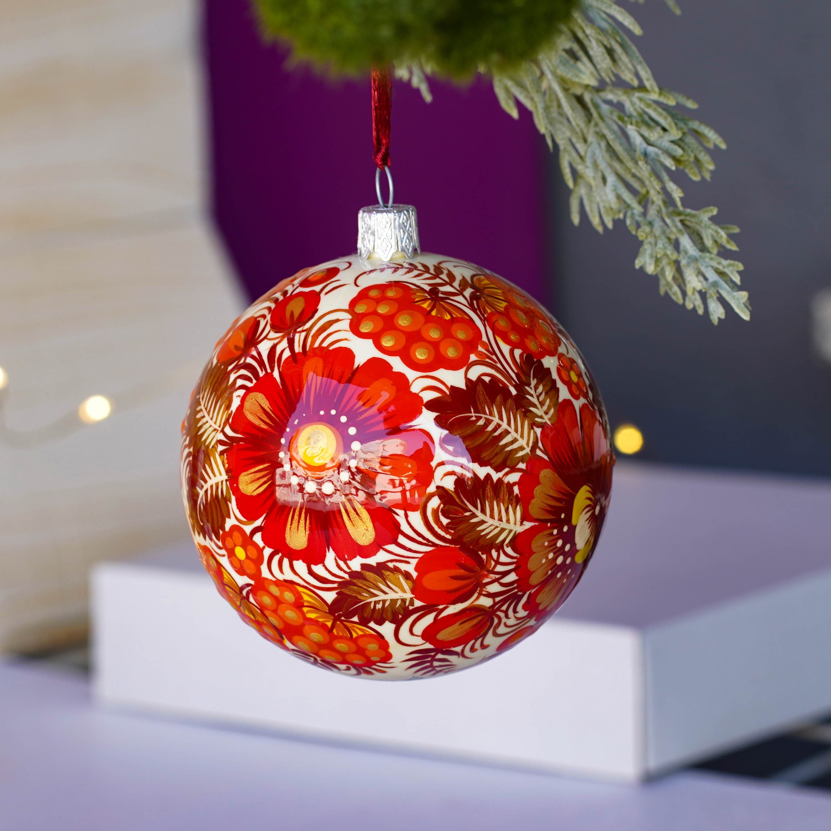 Painted Red Bird Christmas Ball Ornament 3.14 in - Handmade Ukrainian Petrykivka Ornament with Fairy Bird, Unique Red Flower Bauble