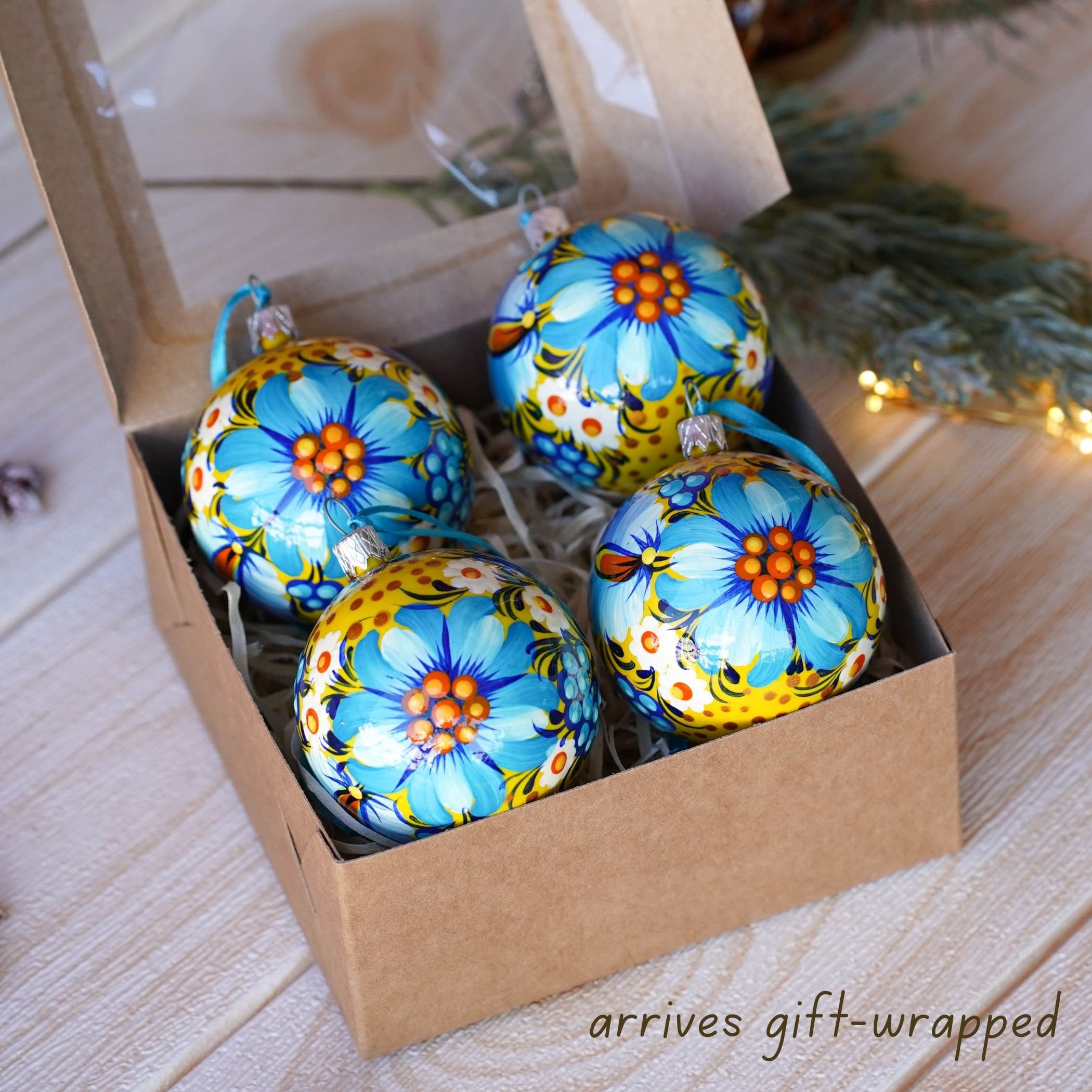 Painted Ukrainian Christmas Ornament Set, Handmade Blue & Yellow Flower Christmas Ball Ornaments 2.4 in with Petrykivka Art