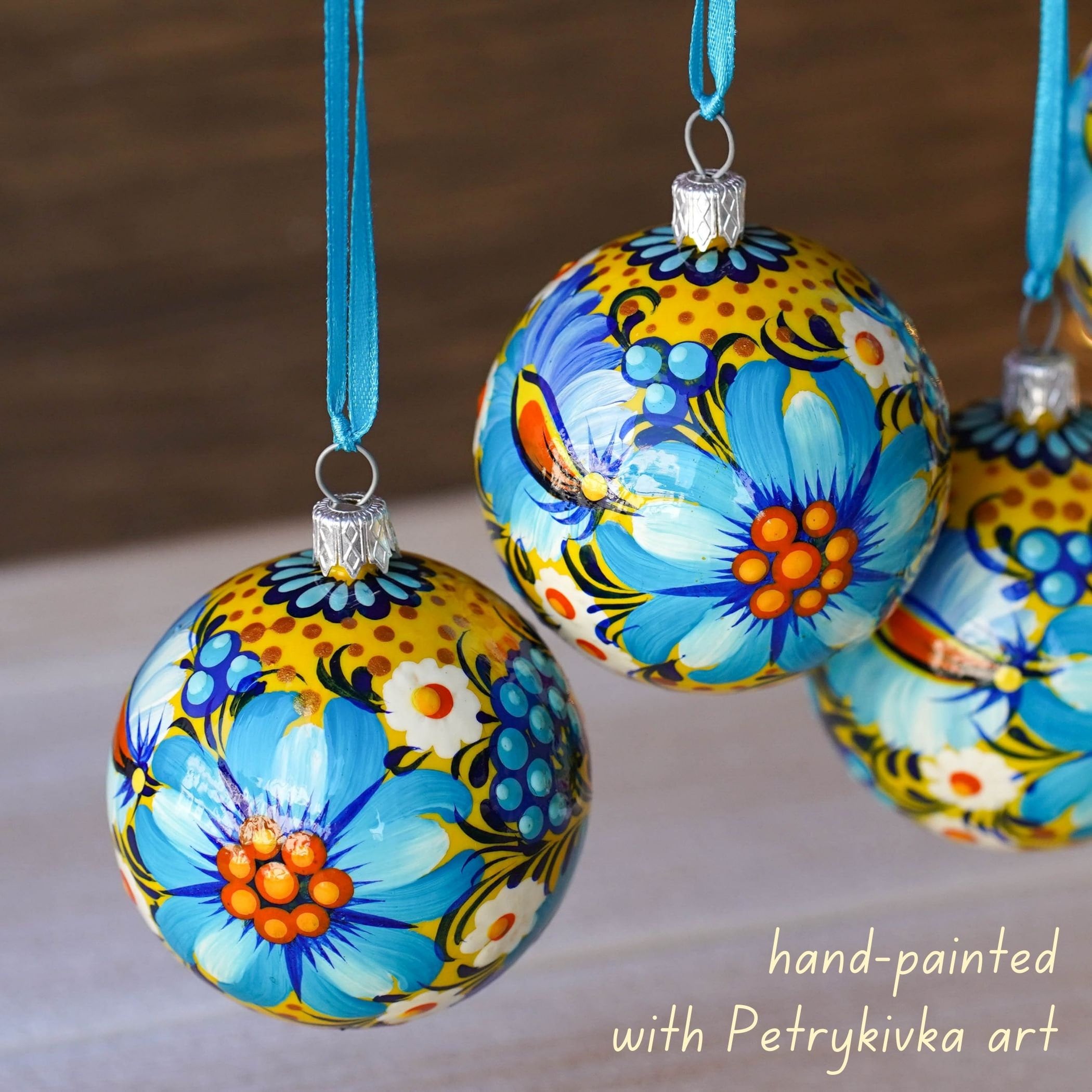 Painted Ukrainian Christmas Ornament Set, Handmade Blue & Yellow Flower Christmas Ball Ornaments 2.4 in with Petrykivka Art