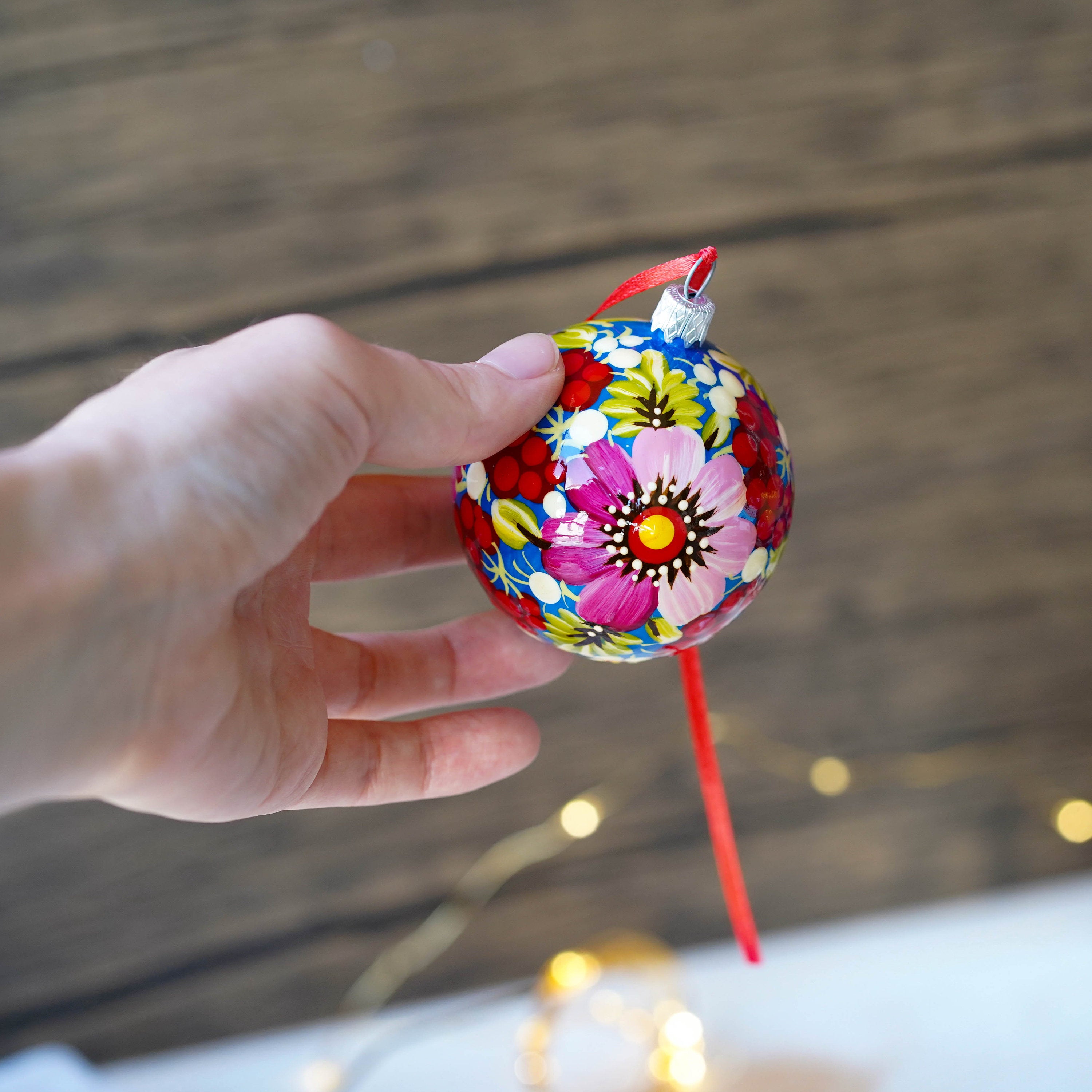 Christmas Ornament Set of 4/6/9 pcs - Hand-painted Ukrainian Christmas Ball Ornaments 2.4 in with Petrykivka art, Unique Pink Flower Baubles