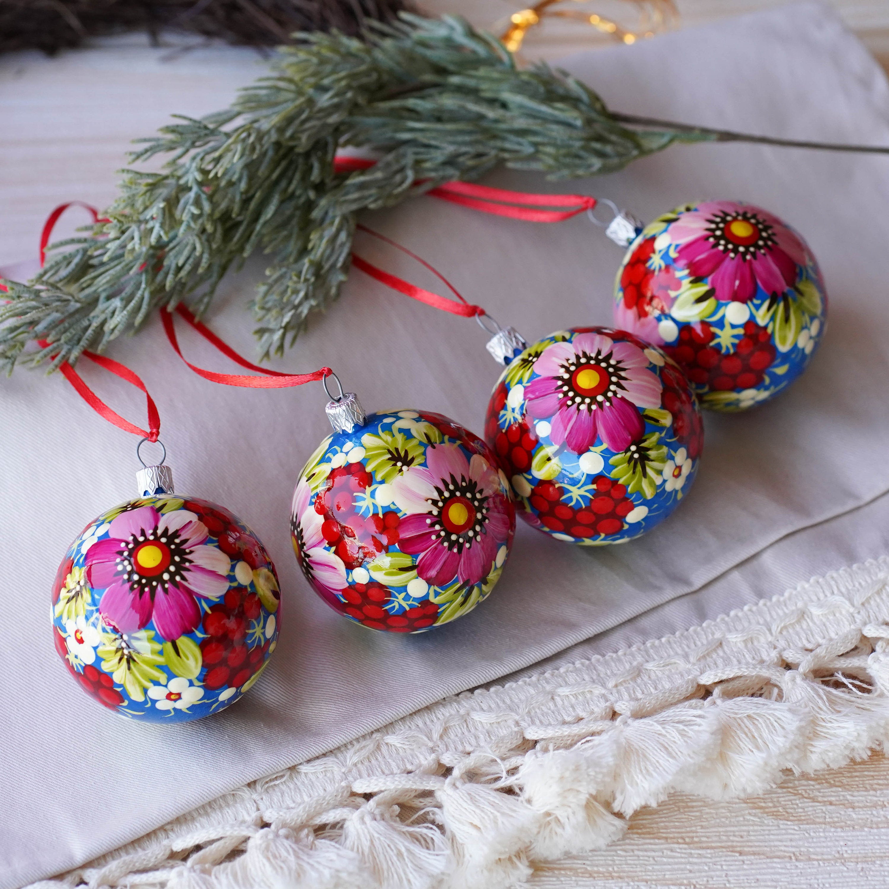 Christmas Ornament Set of 4/6/9 pcs - Hand-painted Ukrainian Christmas Ball Ornaments 2.4 in with Petrykivka art, Unique Pink Flower Baubles