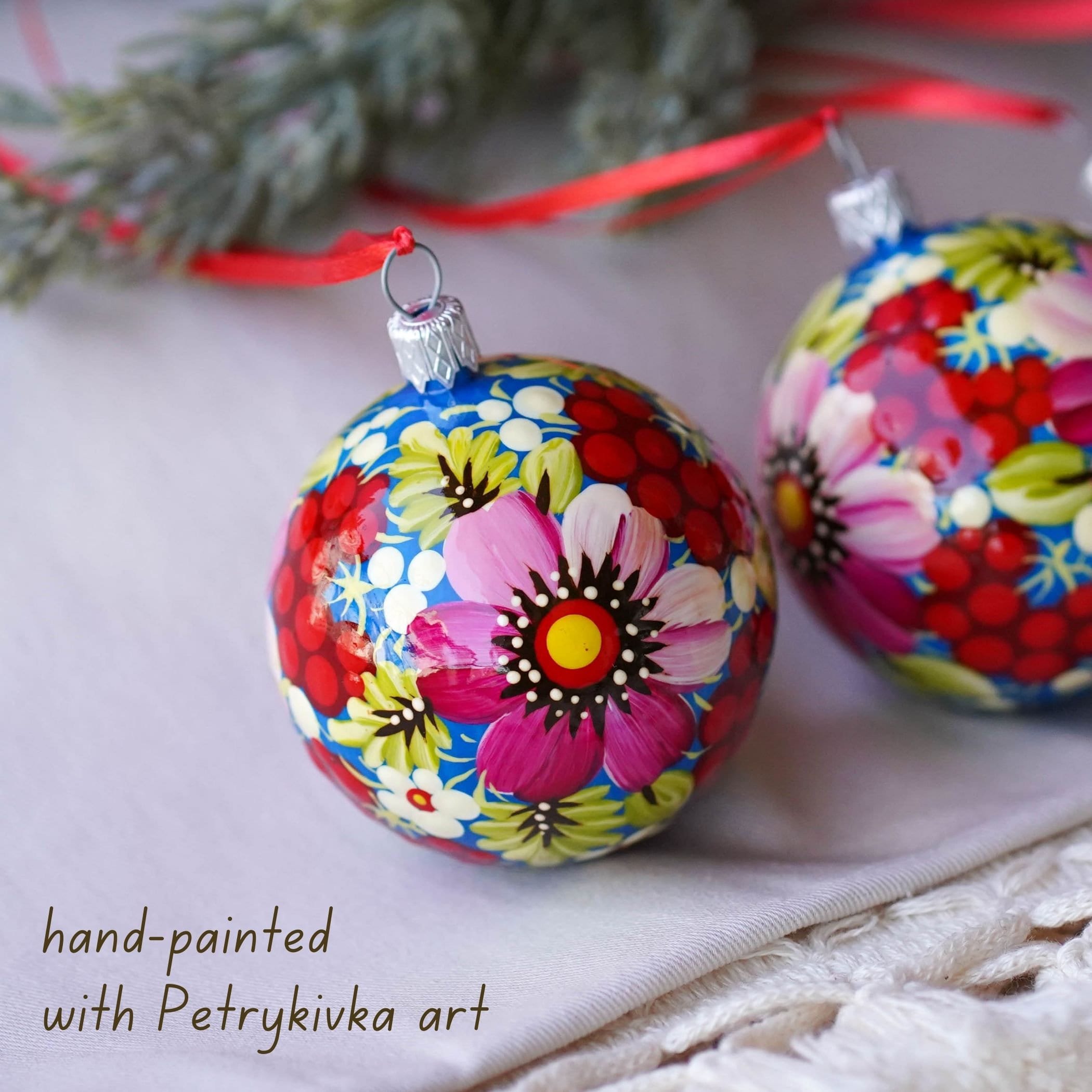 Christmas Ornament Set of 4/6/9 pcs - Hand-painted Ukrainian Christmas Ball Ornaments 2.4 in with Petrykivka art, Unique Pink Flower Baubles