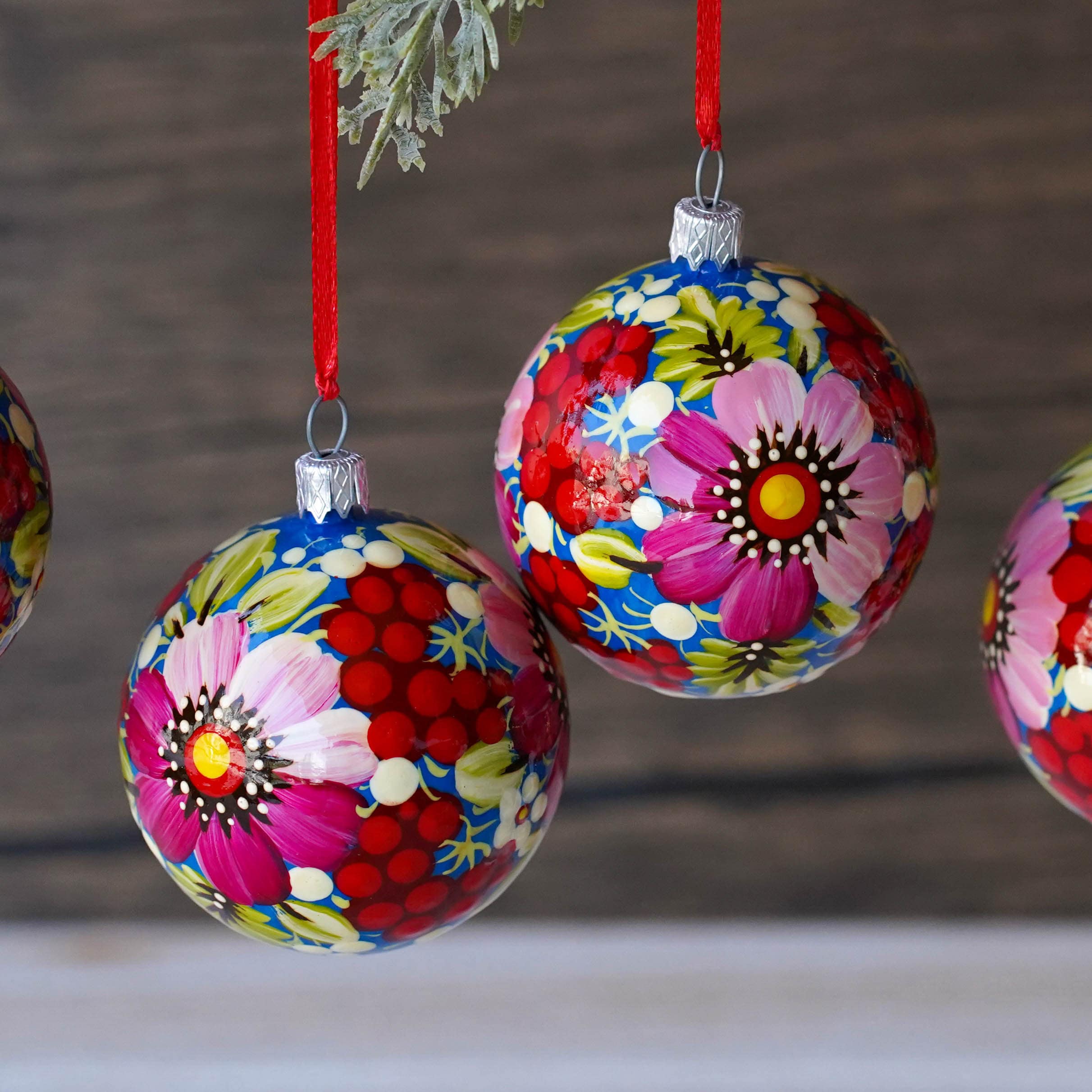 Christmas Ornament Set of 4/6/9 pcs - Hand-painted Ukrainian Christmas Ball Ornaments 2.4 in with Petrykivka art, Unique Pink Flower Baubles