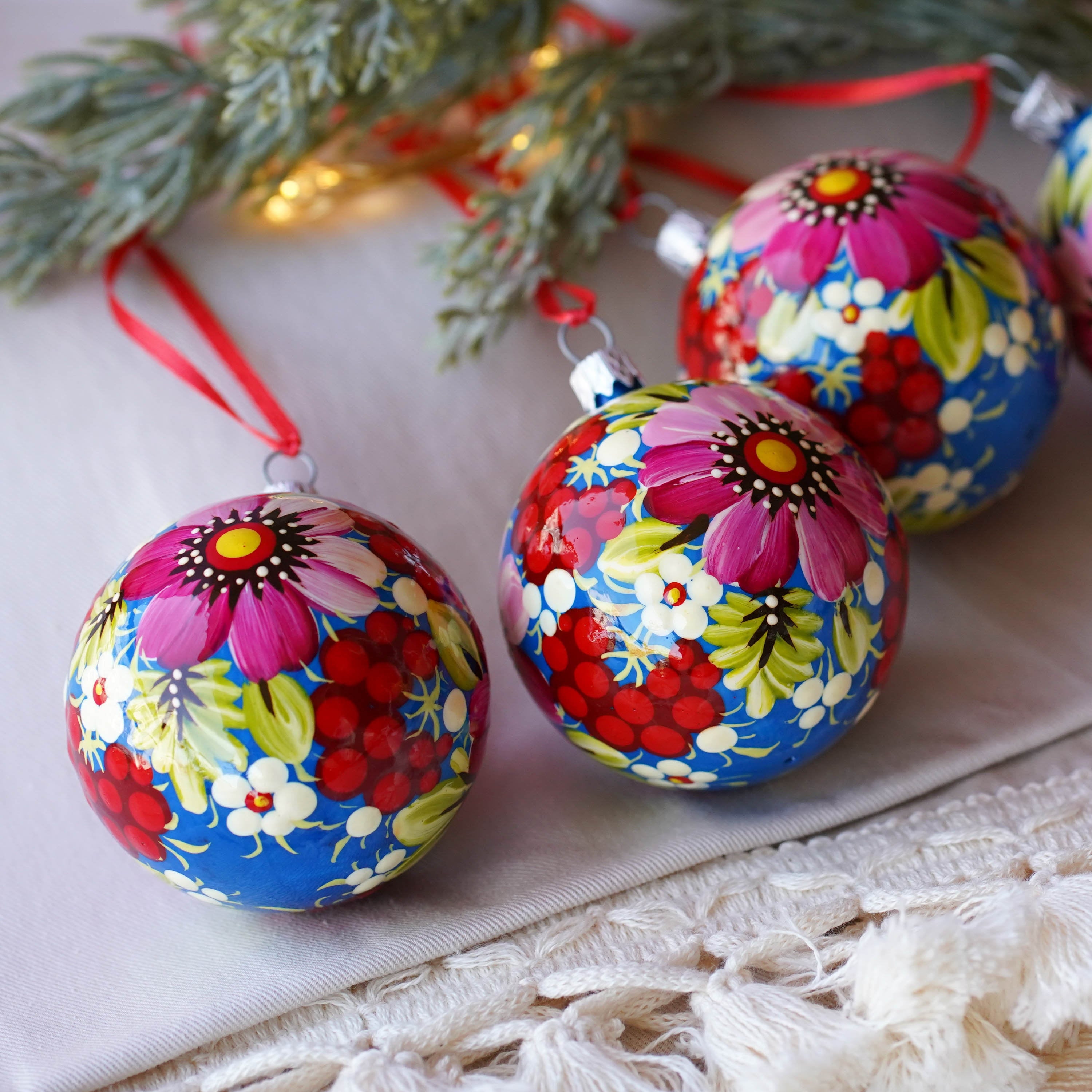 Christmas Ornament Set of 4/6/9 pcs - Hand-painted Ukrainian Christmas Ball Ornaments 2.4 in with Petrykivka art, Unique Pink Flower Baubles