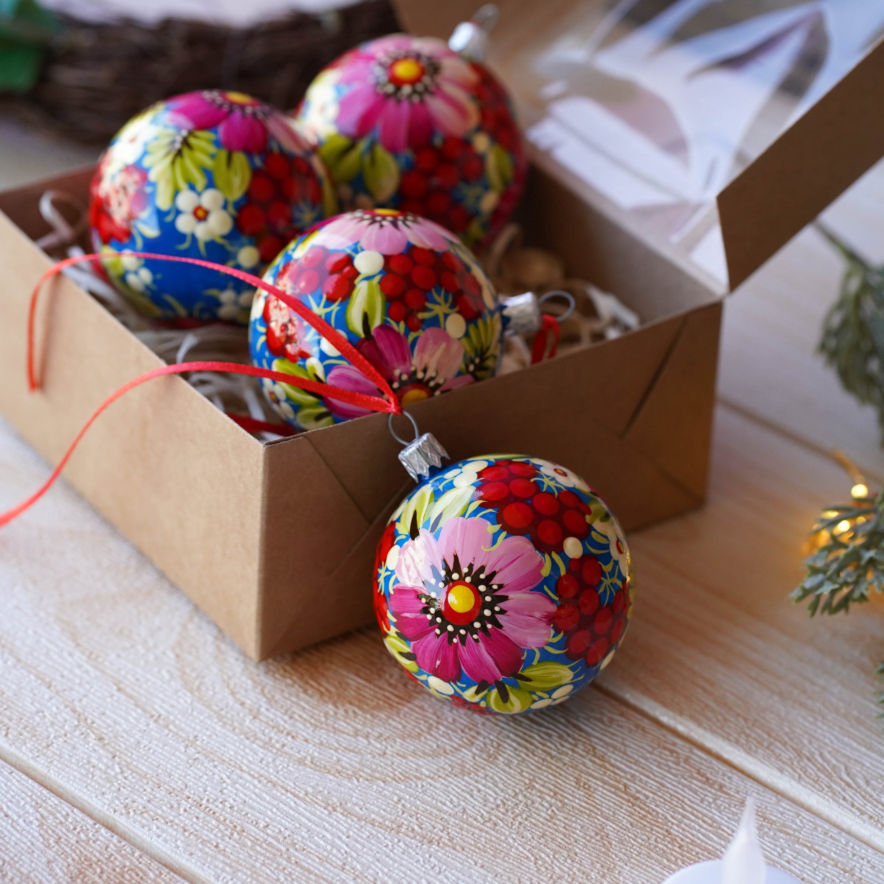 Christmas Ornament Set of 4/6/9 pcs - Hand-painted Ukrainian Christmas Ball Ornaments 2.4 in with Petrykivka art, Unique Pink Flower Baubles